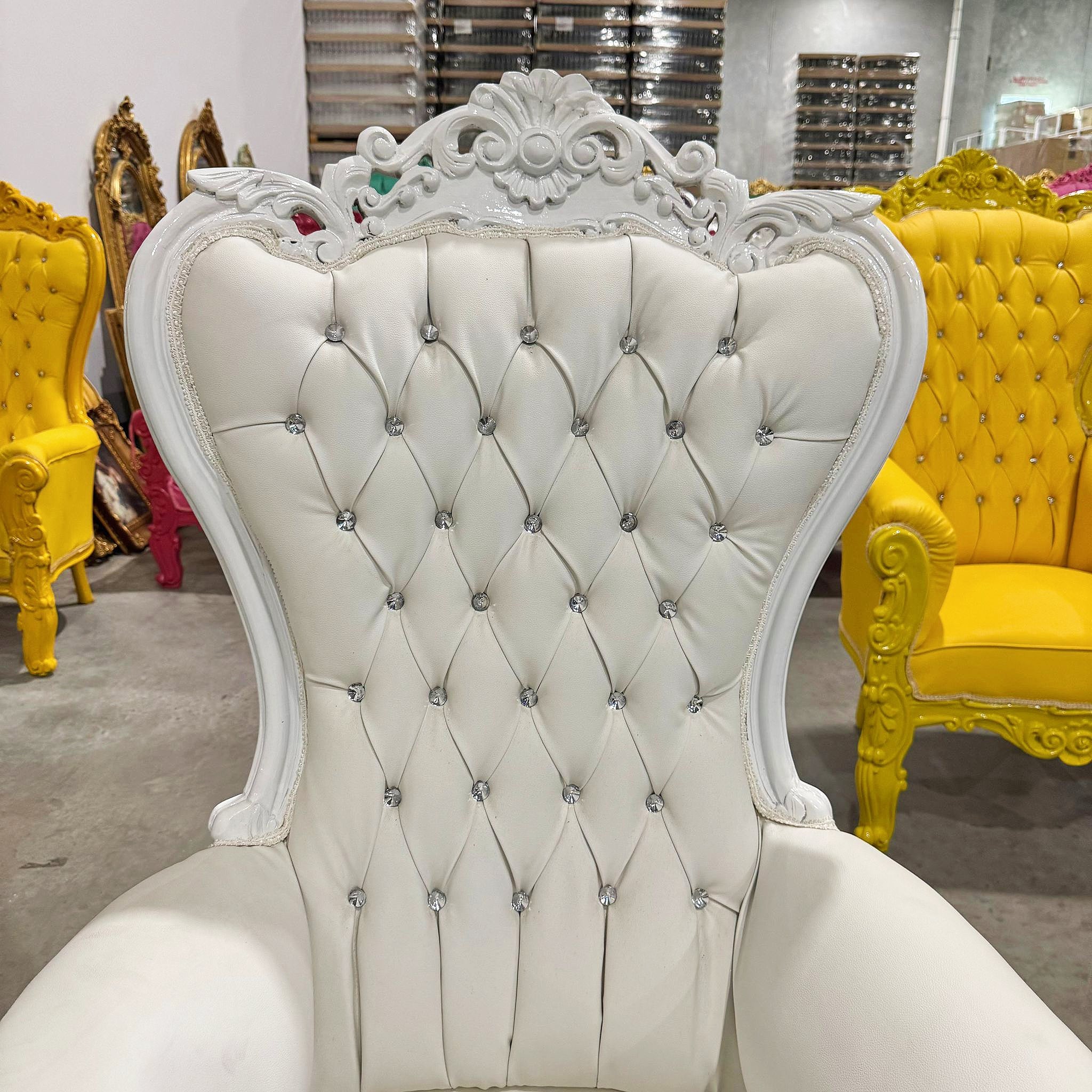 French Style White Leather Throne Chair Midsize Tufted Chair