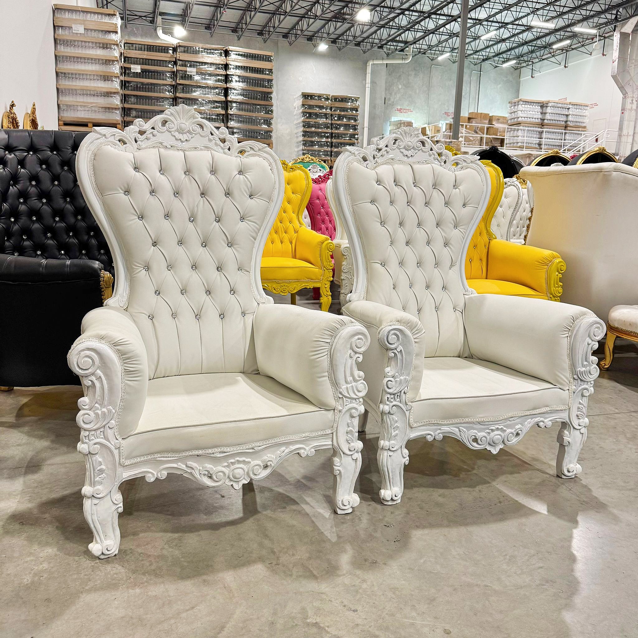 French Style White Leather Throne Chair Midsize Tufted Chair
