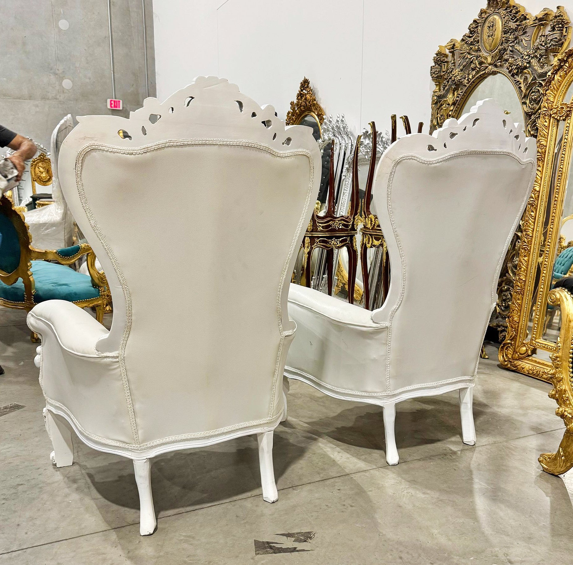 French Style White Leather Throne Chair Midsize Tufted Chair