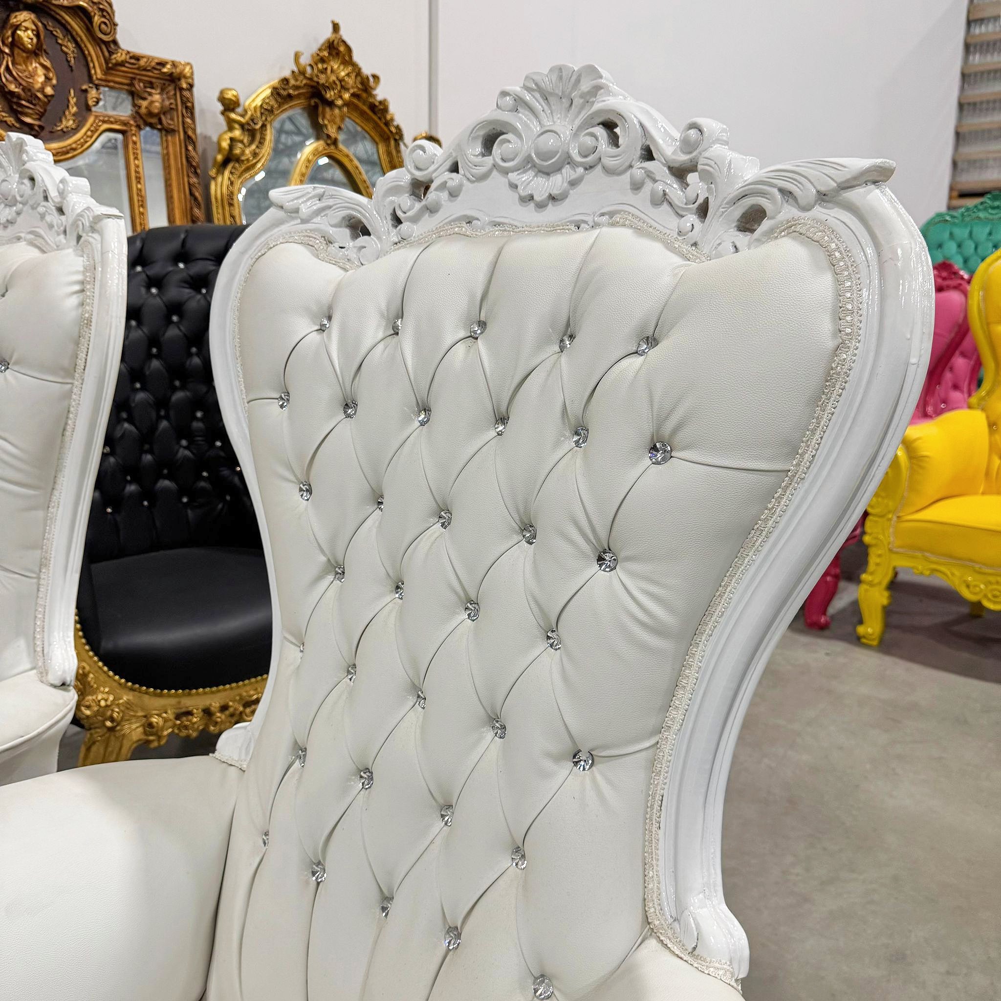 French Style White Leather Throne Chair Midsize Tufted Chair