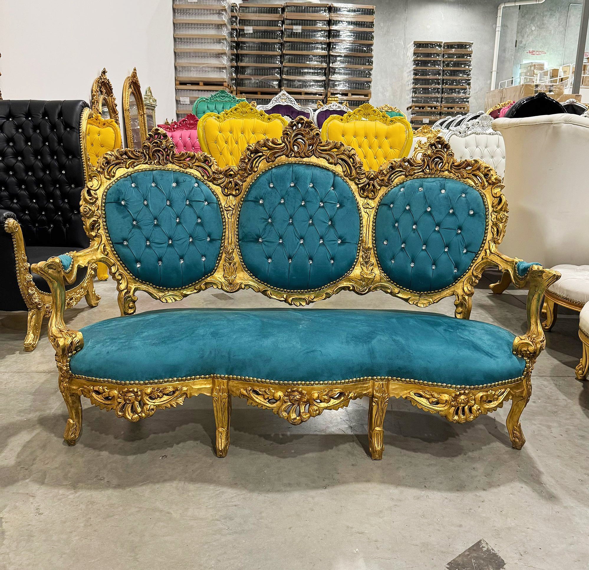 Turquoise Sofa French Rococo Style Gold Leaf Details Victorian Style