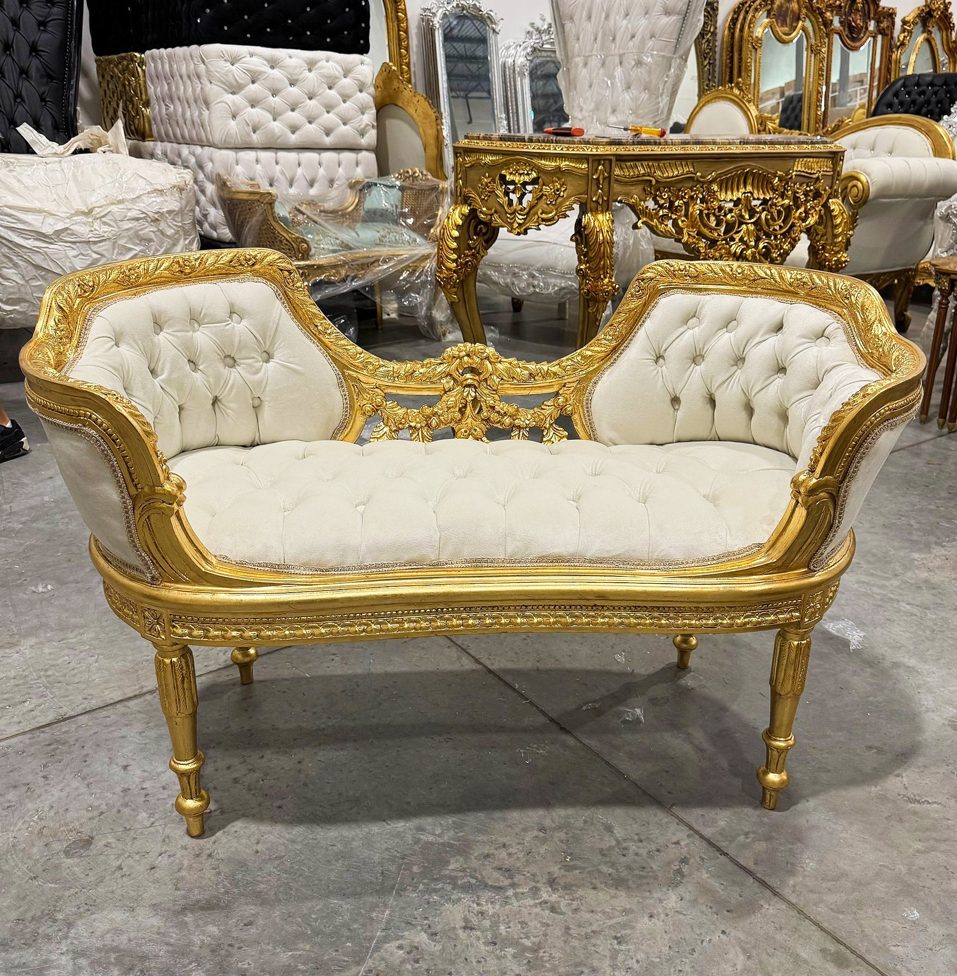 Tufted Bench White Velvet French Style Gold Details Rococo Baroque Furniture