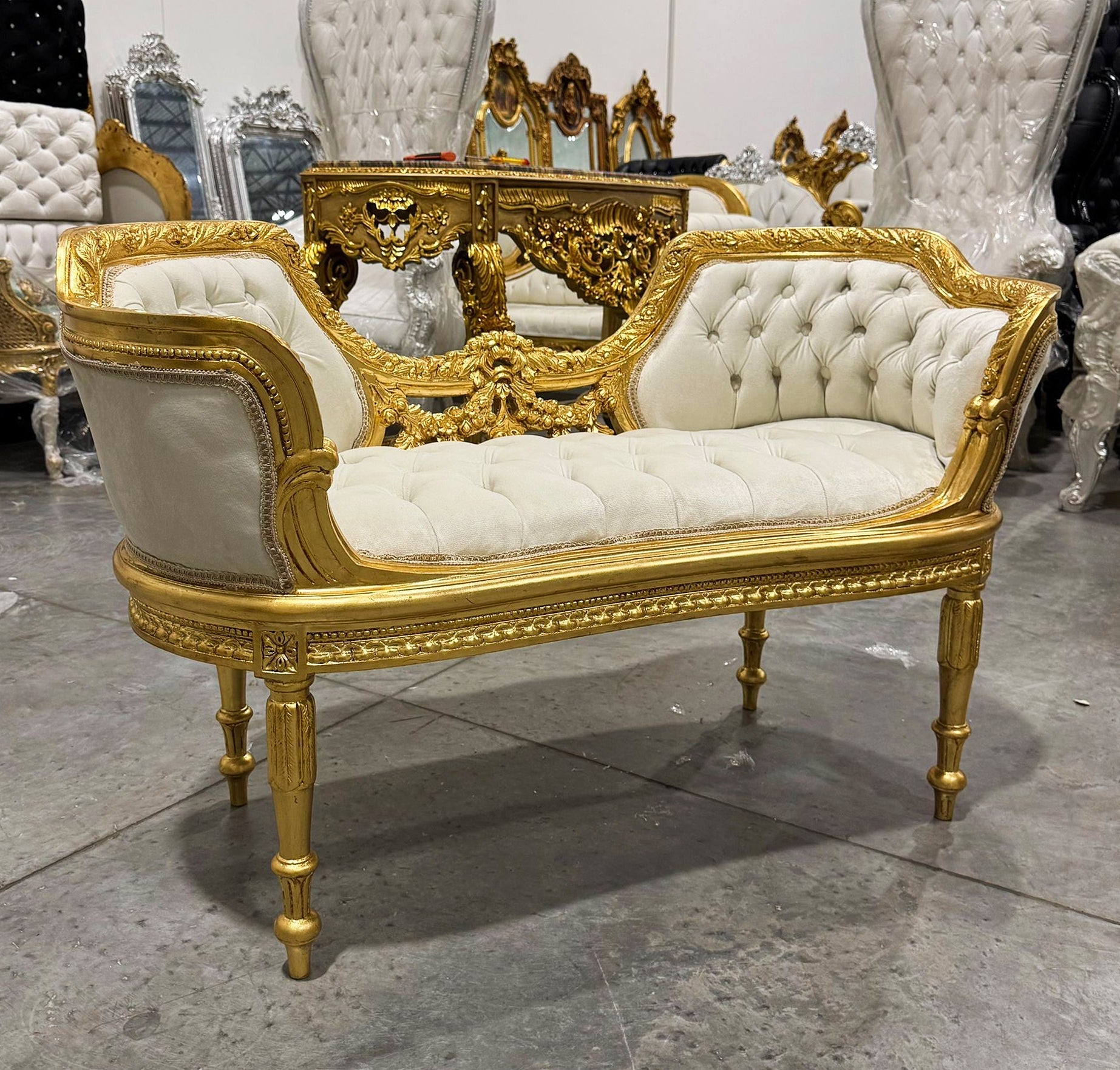 Tufted Bench White Velvet French Style Gold Details Rococo Baroque Furniture