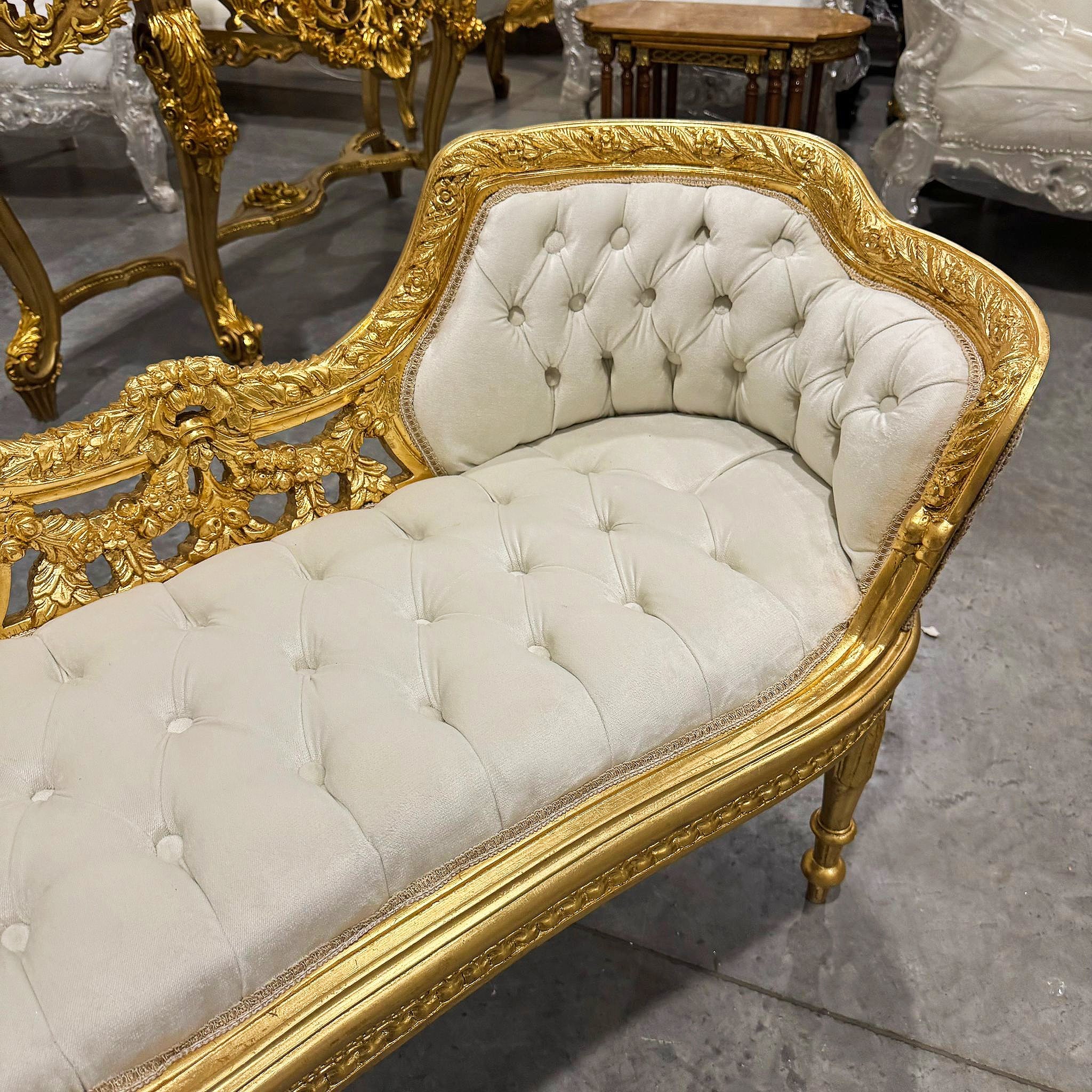 Tufted Bench White Velvet French Style Gold Details Rococo Baroque Furniture