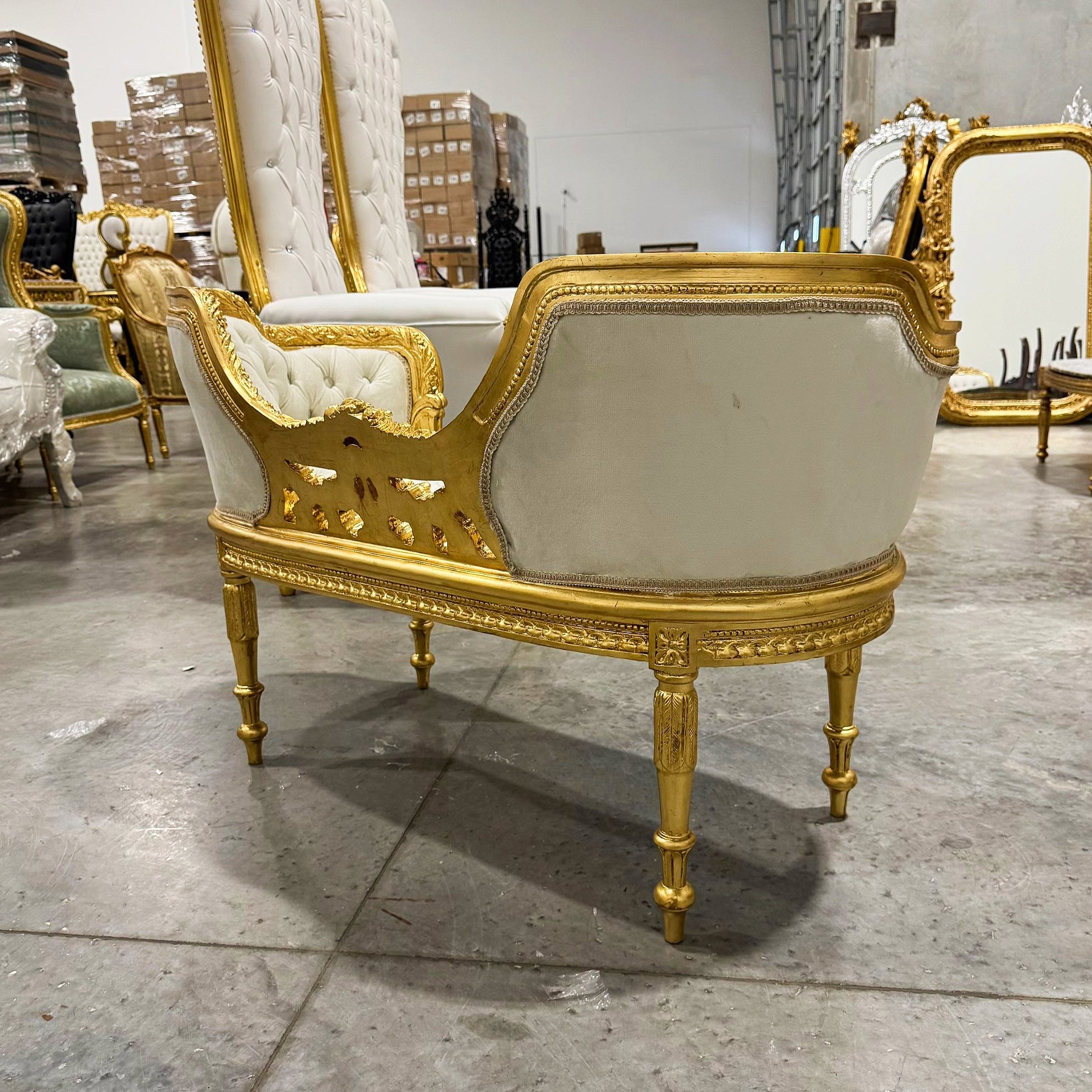 Tufted Bench White Velvet French Style Gold Details Rococo Baroque Furniture