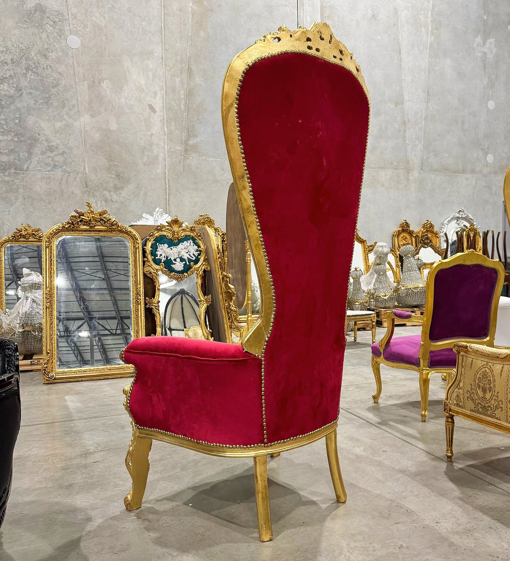 French Style Throne Chair Red Velvet Tufted High Back Gold Leaf Frame Baroque