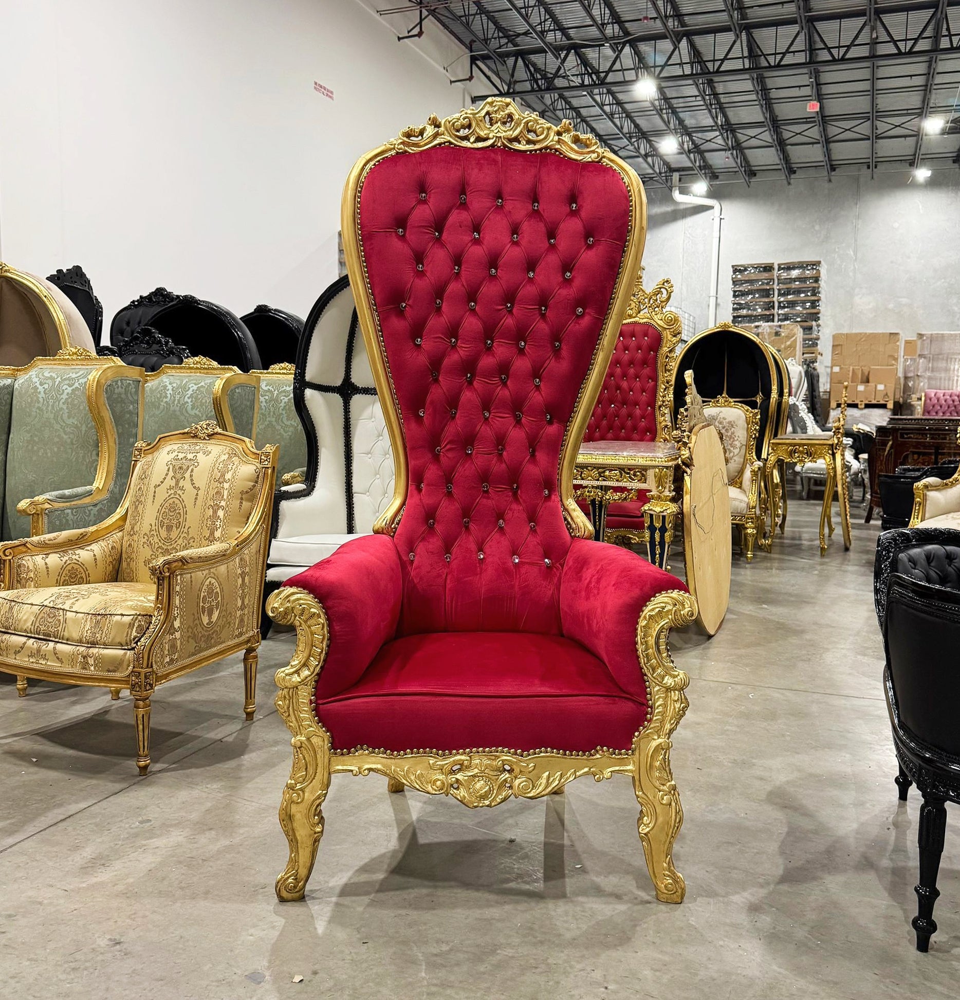 French Style Throne Chair Red Velvet Tufted High Back Gold Leaf Frame Baroque