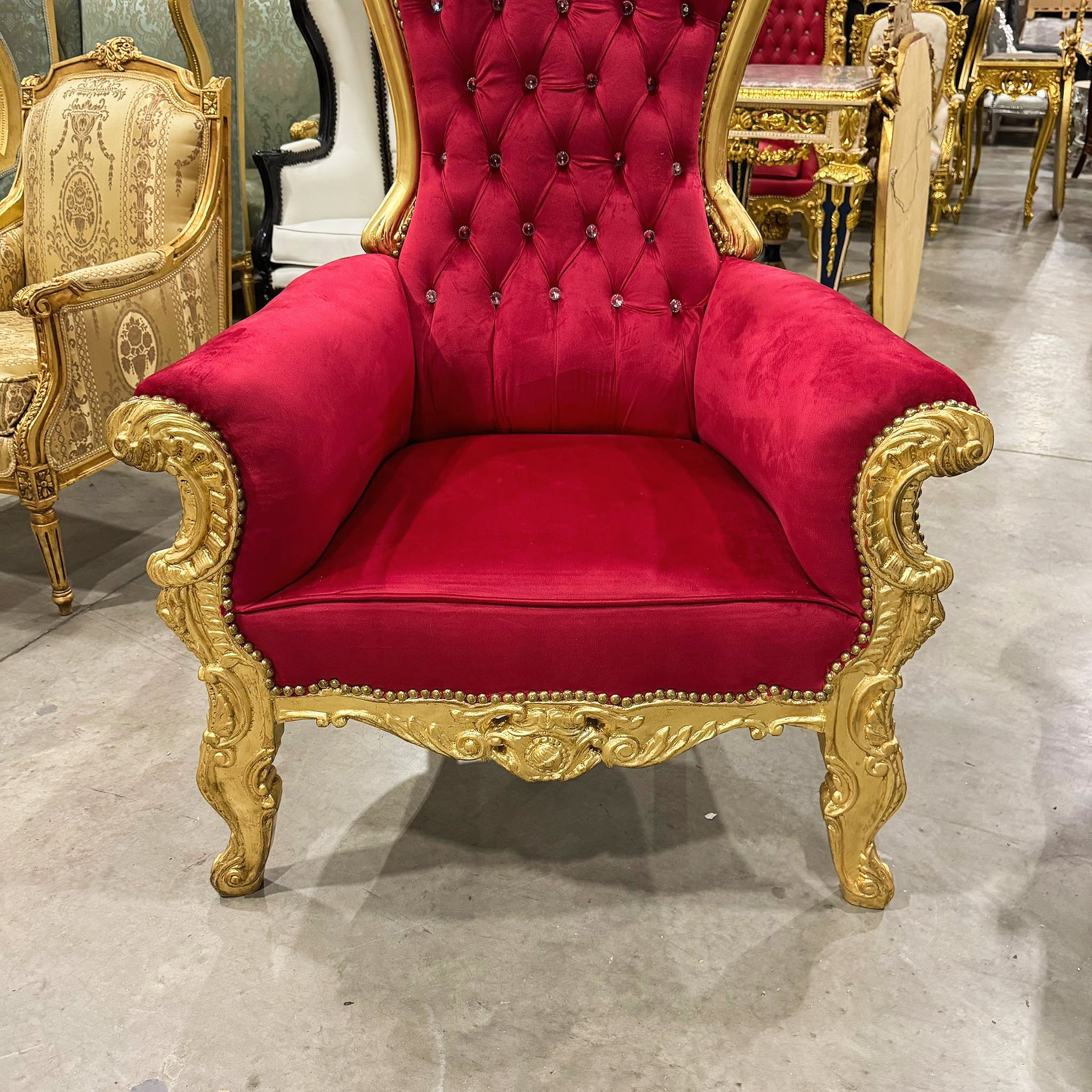 French Style Throne Chair Red Velvet Tufted High Back Gold Leaf Frame Baroque