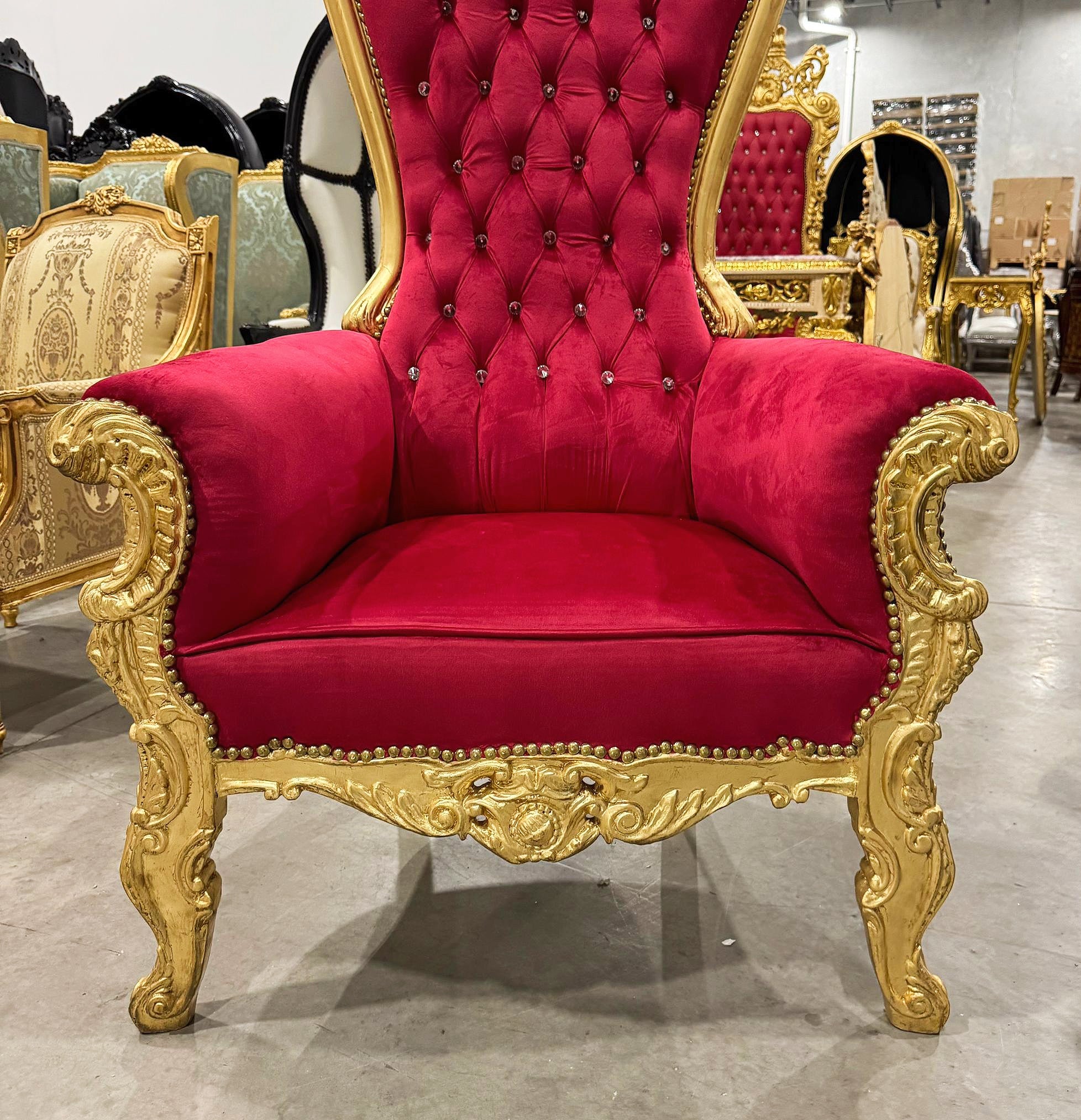 French Style Throne Chair Red Velvet Tufted High Back Gold Leaf Frame Baroque