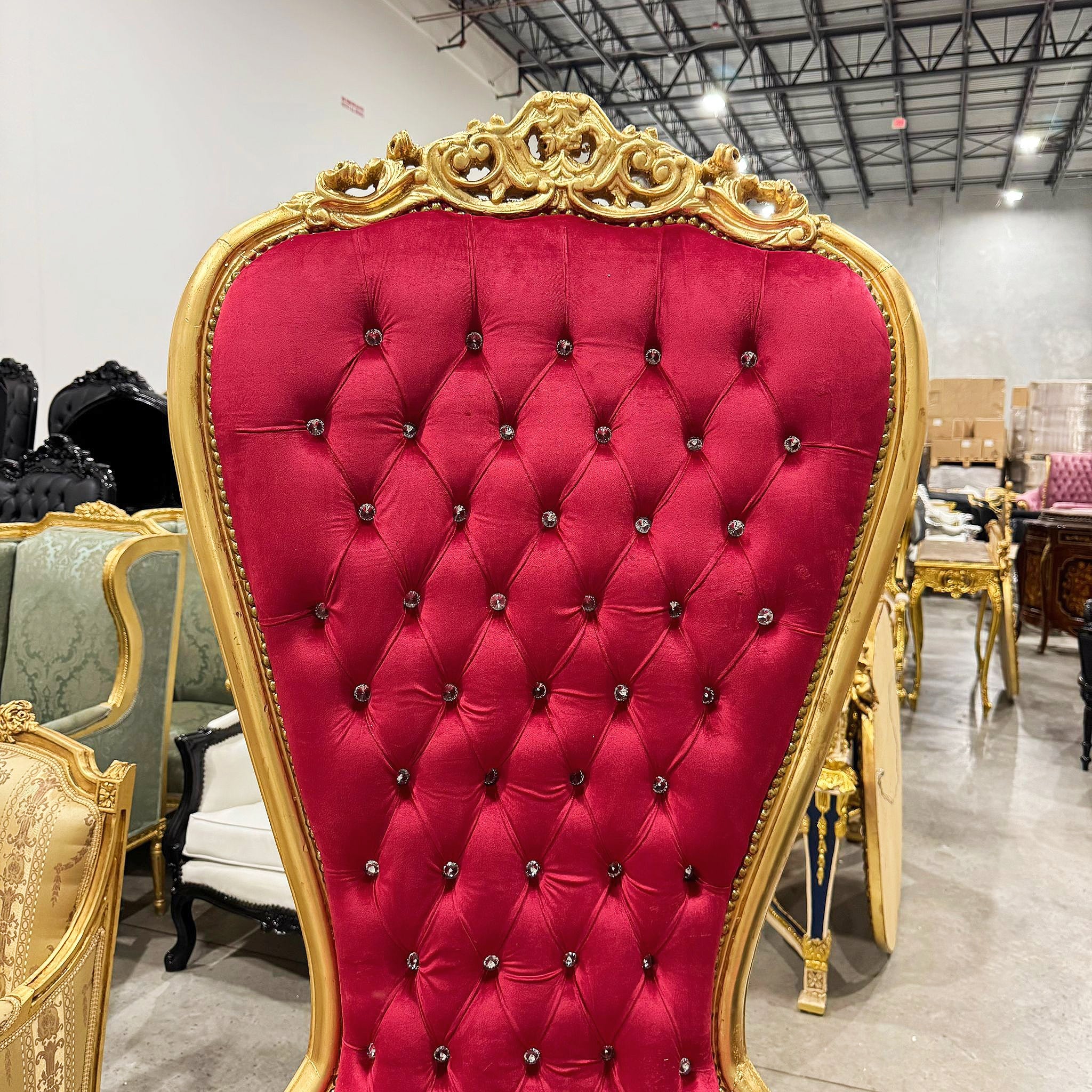 French Style Throne Chair Red Velvet Tufted High Back Gold Leaf Frame Baroque