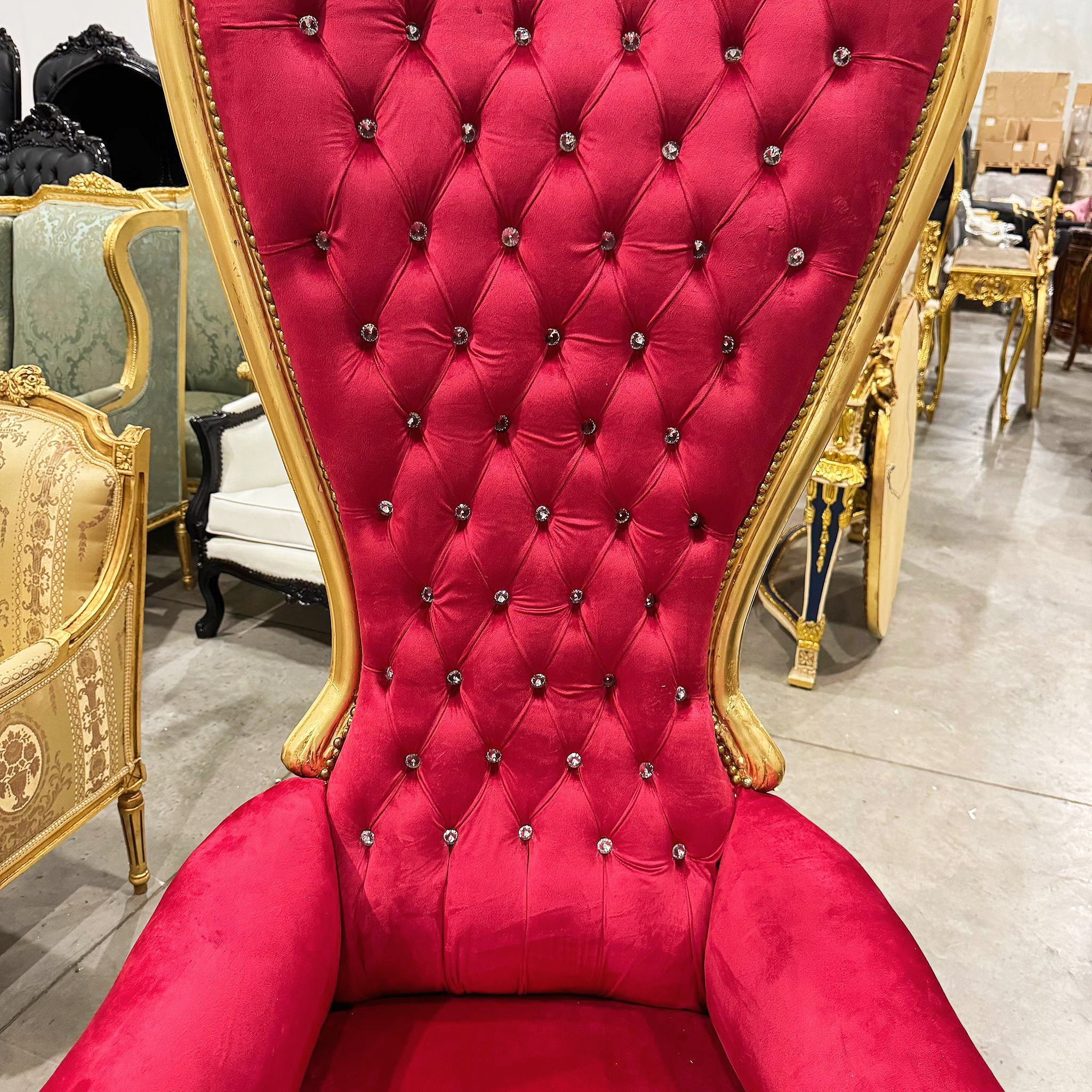 French Style Throne Chair Red Velvet Tufted High Back Gold Leaf Frame Baroque