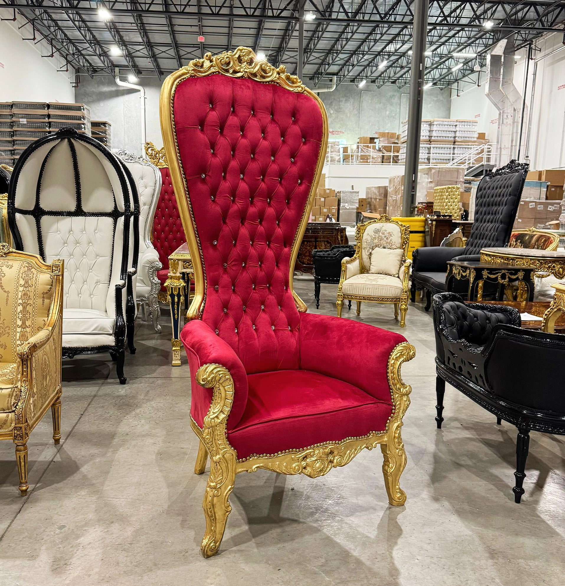 French Style Throne Chair Red Velvet Tufted High Back Gold Leaf Frame Baroque