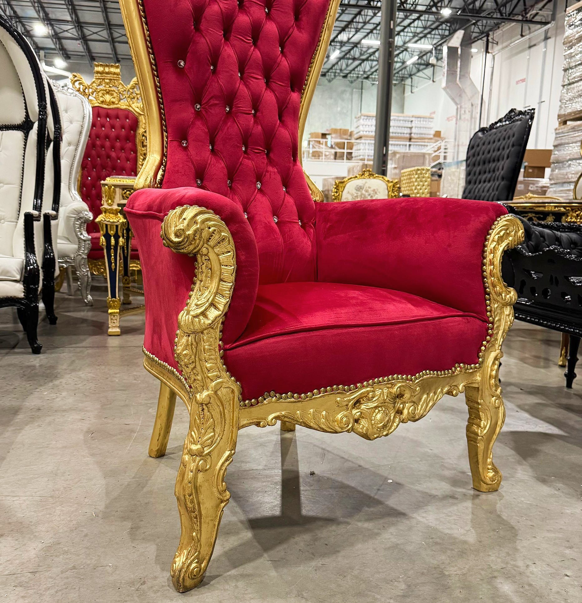 French Style Throne Chair Red Velvet Tufted High Back Gold Leaf Frame Baroque