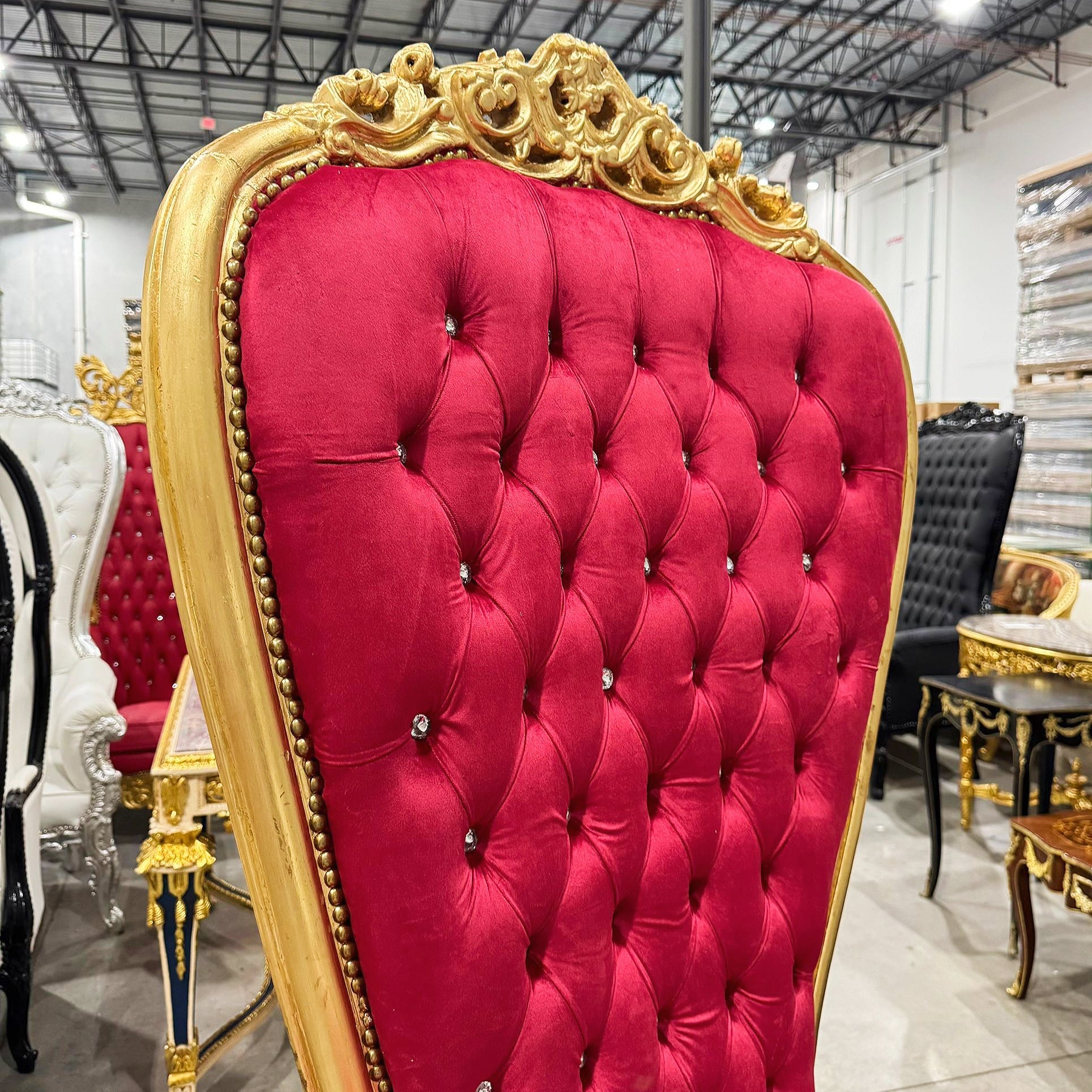 French Style Throne Chair Red Velvet Tufted High Back Gold Leaf Frame Baroque