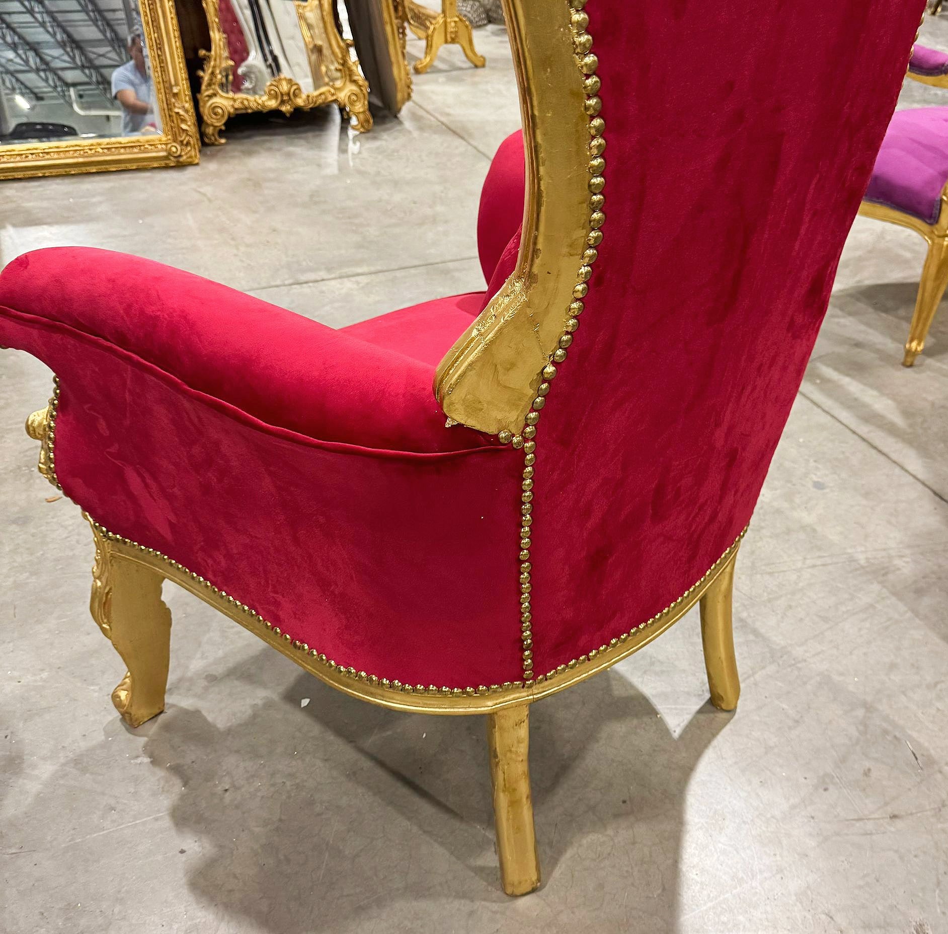 French Style Throne Chair Red Velvet Tufted High Back Gold Leaf Frame Baroque