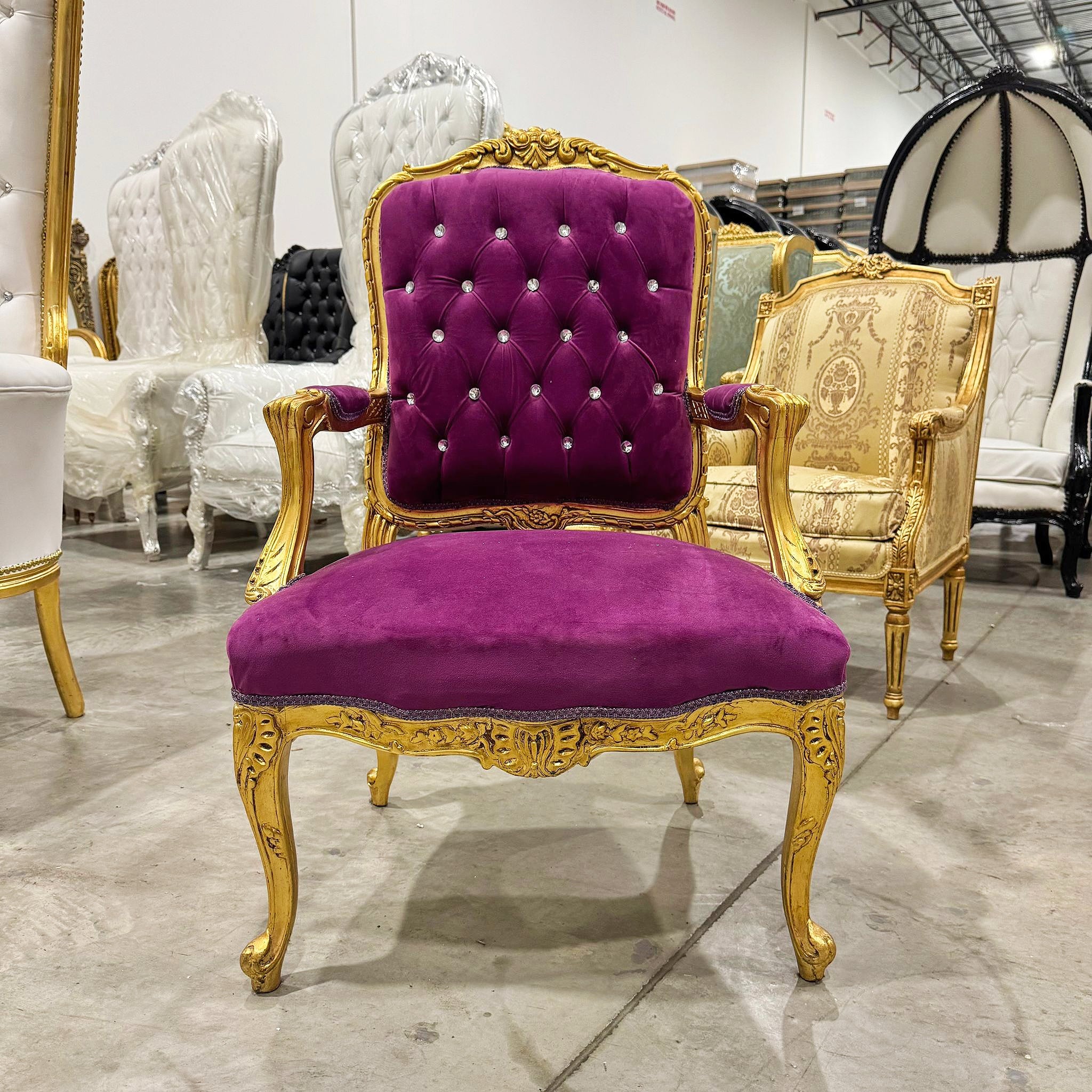 French Style Tufted Purple Velvet Chair with Gold Details Rococo Baroque
