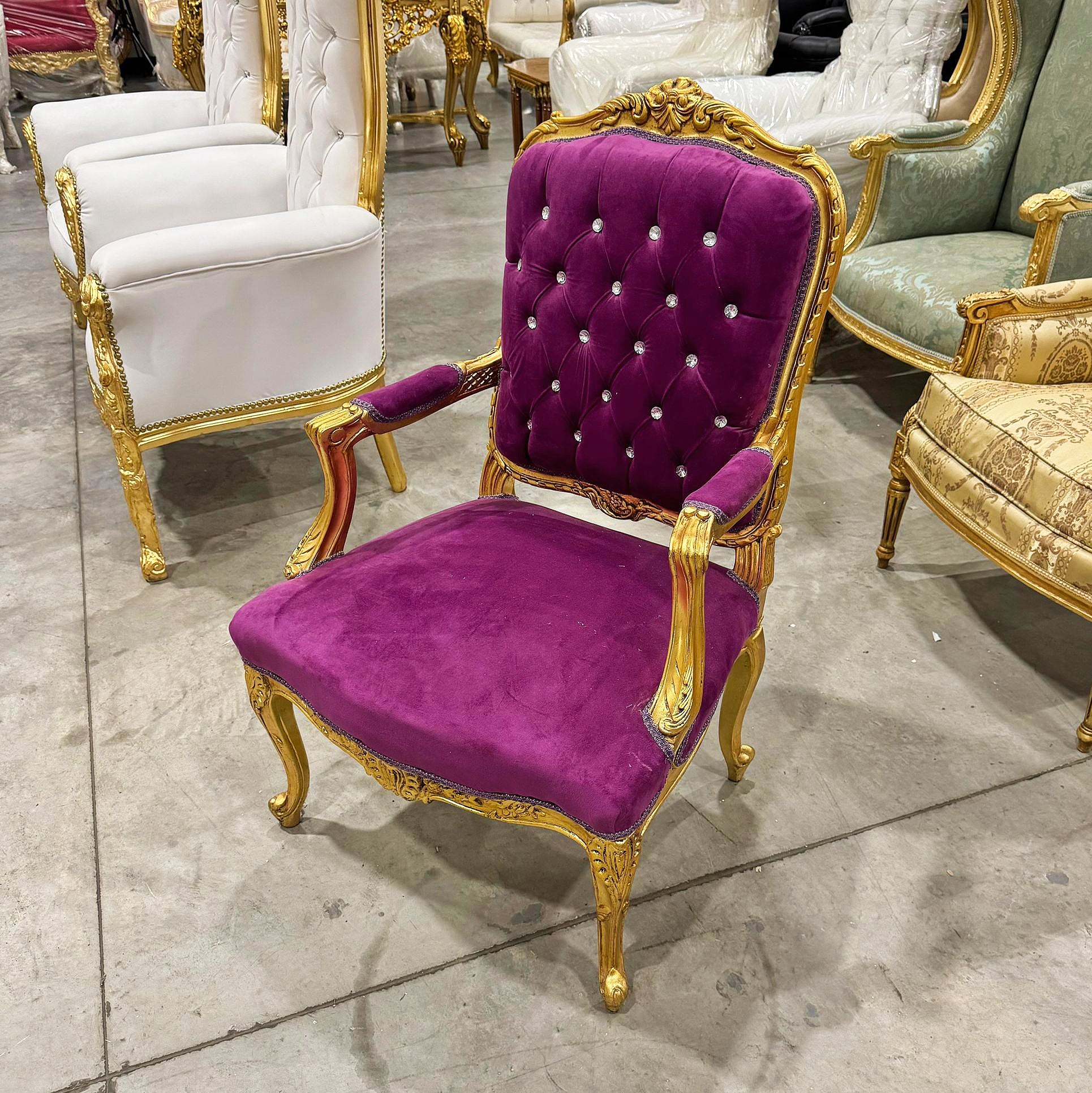 French Style Tufted Purple Velvet Chair with Gold Details Rococo Baroque