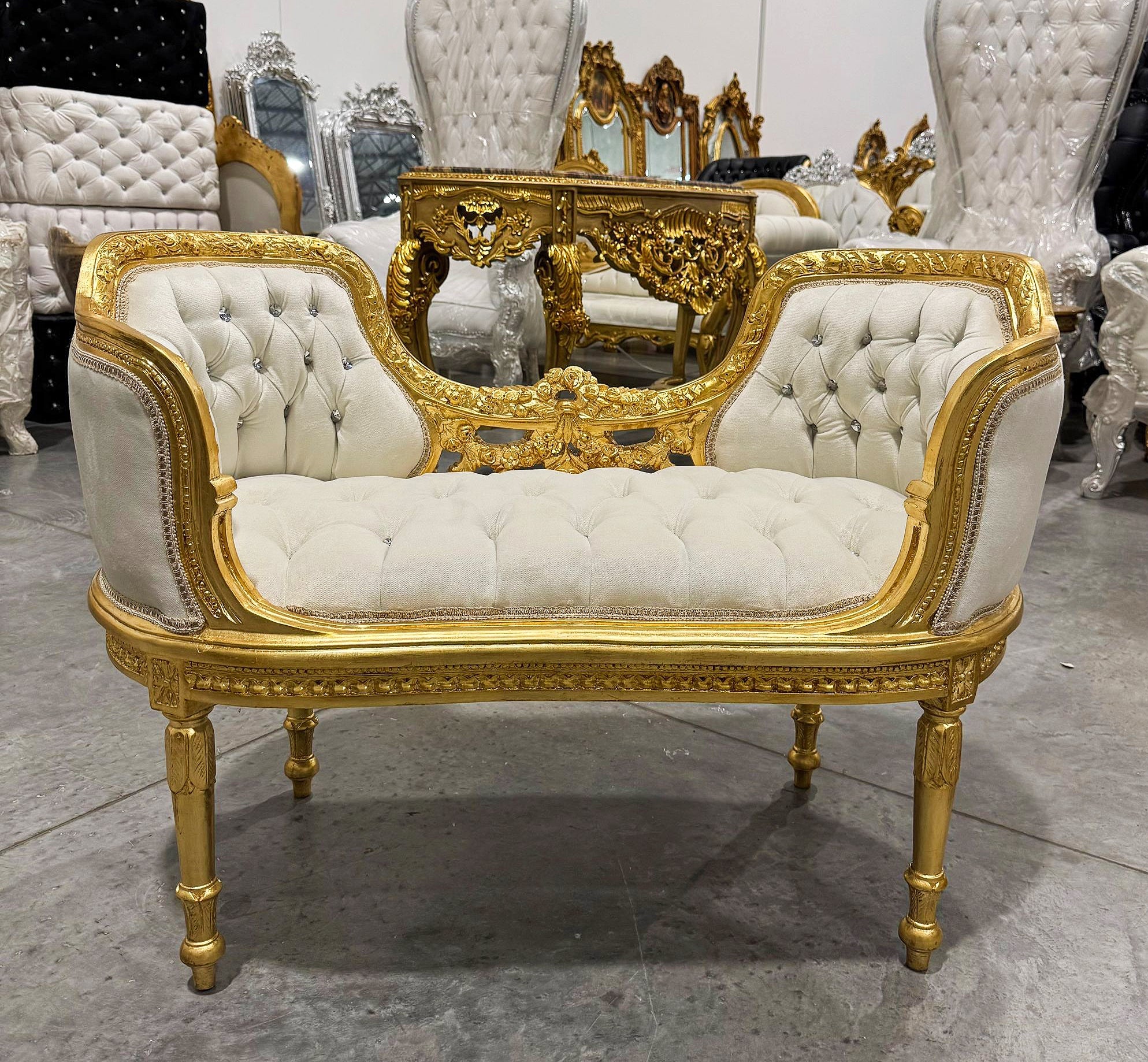 Tufted Bench White Velvet French Style Gold Details Rococo Baroque Furniture