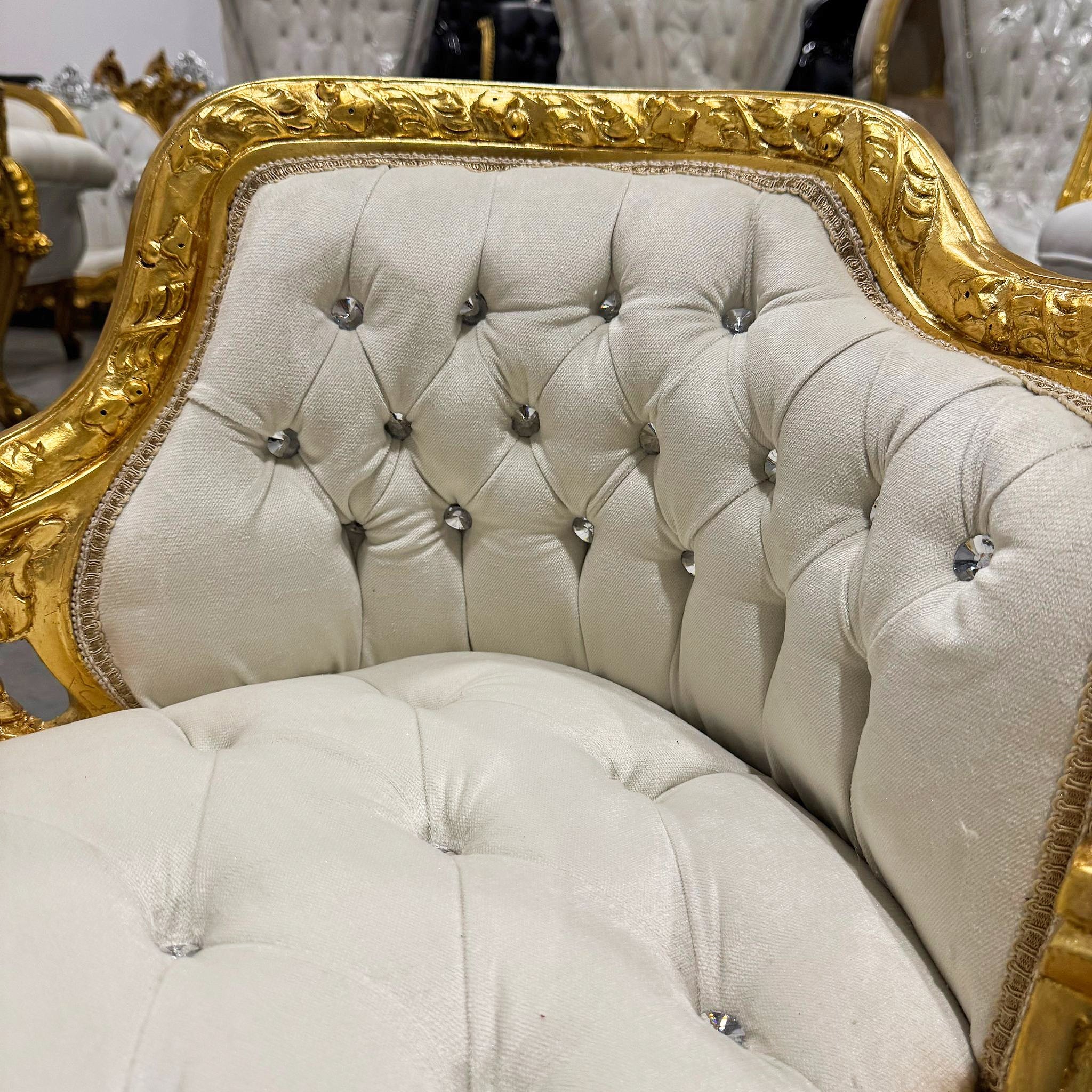 Tufted Bench White Velvet French Style Gold Details Rococo Baroque Furniture