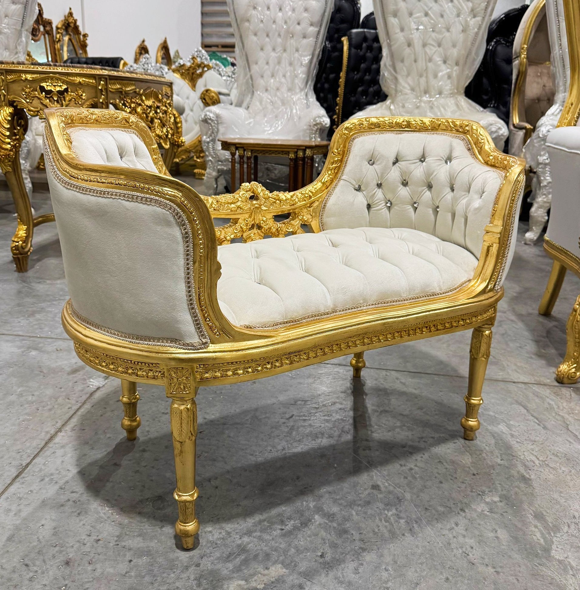 Tufted Bench White Velvet French Style Gold Details Rococo Baroque Furniture