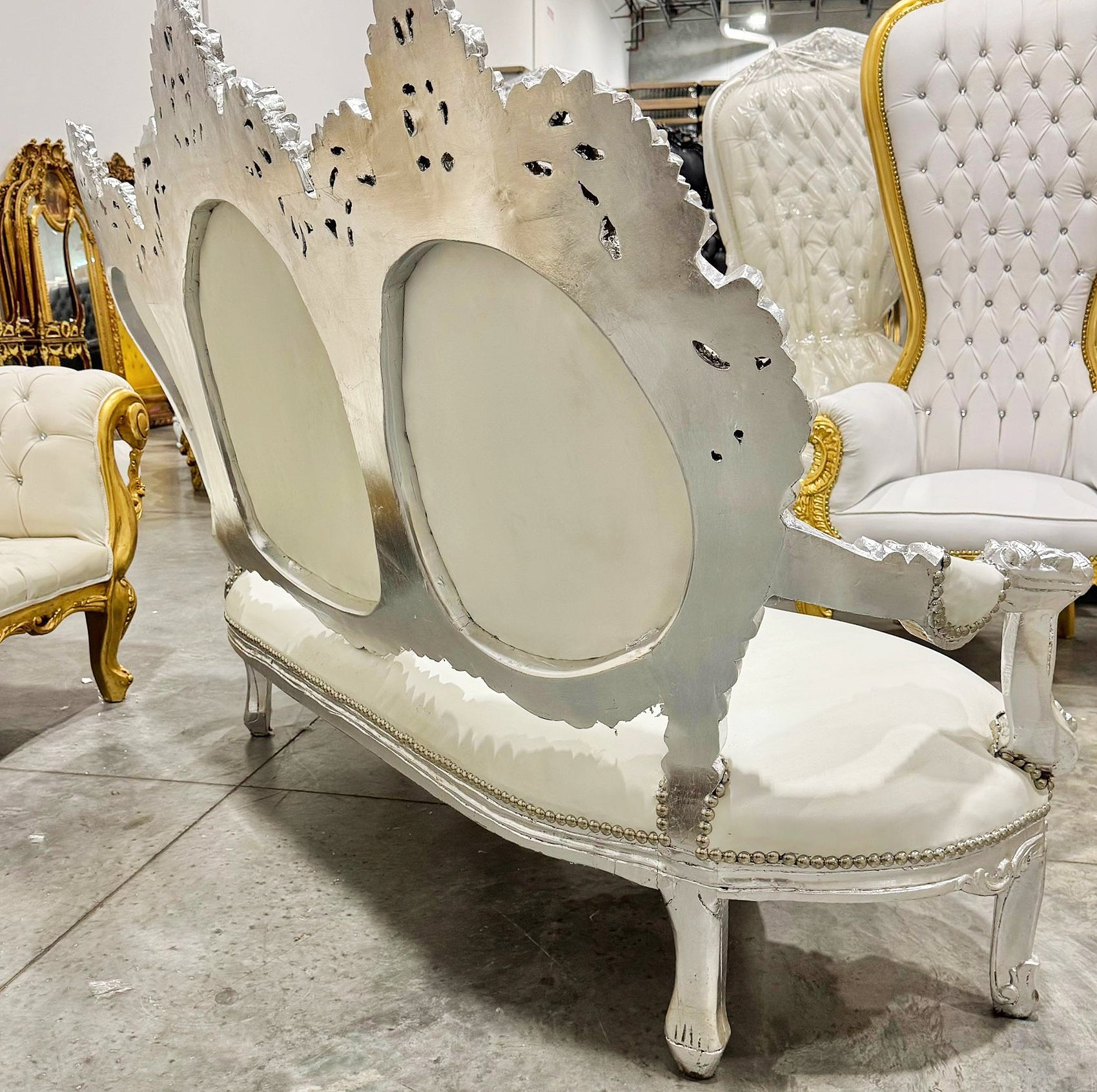 White Sofa French Rococo Style Silver Leaf Details Victorian Style