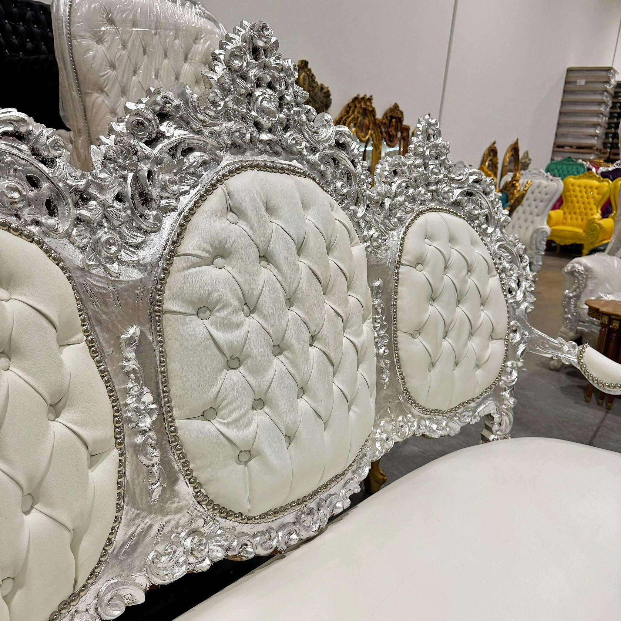 White Sofa French Rococo Style Silver Leaf Details Victorian Style