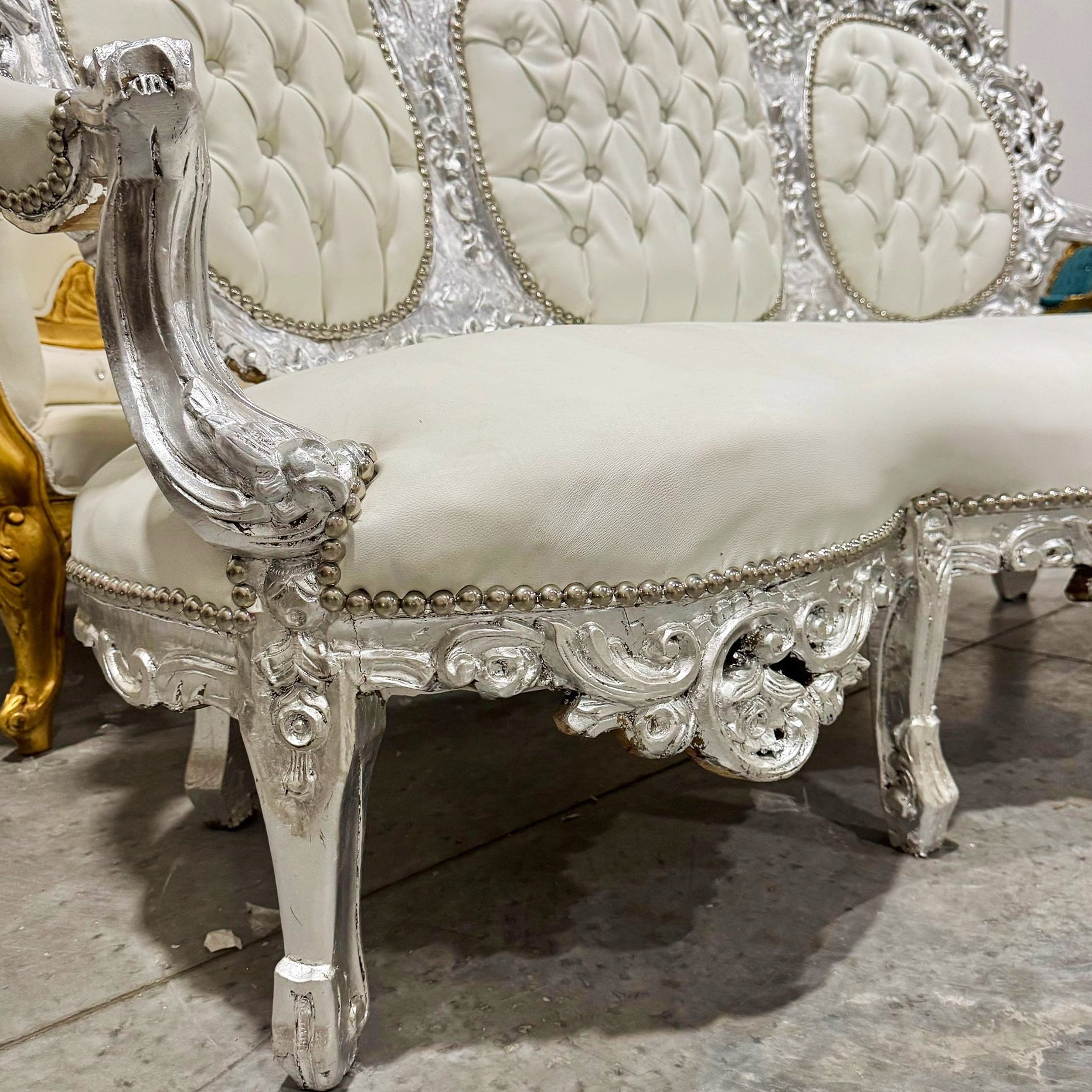 White Sofa French Rococo Style Silver Leaf Details Victorian Style