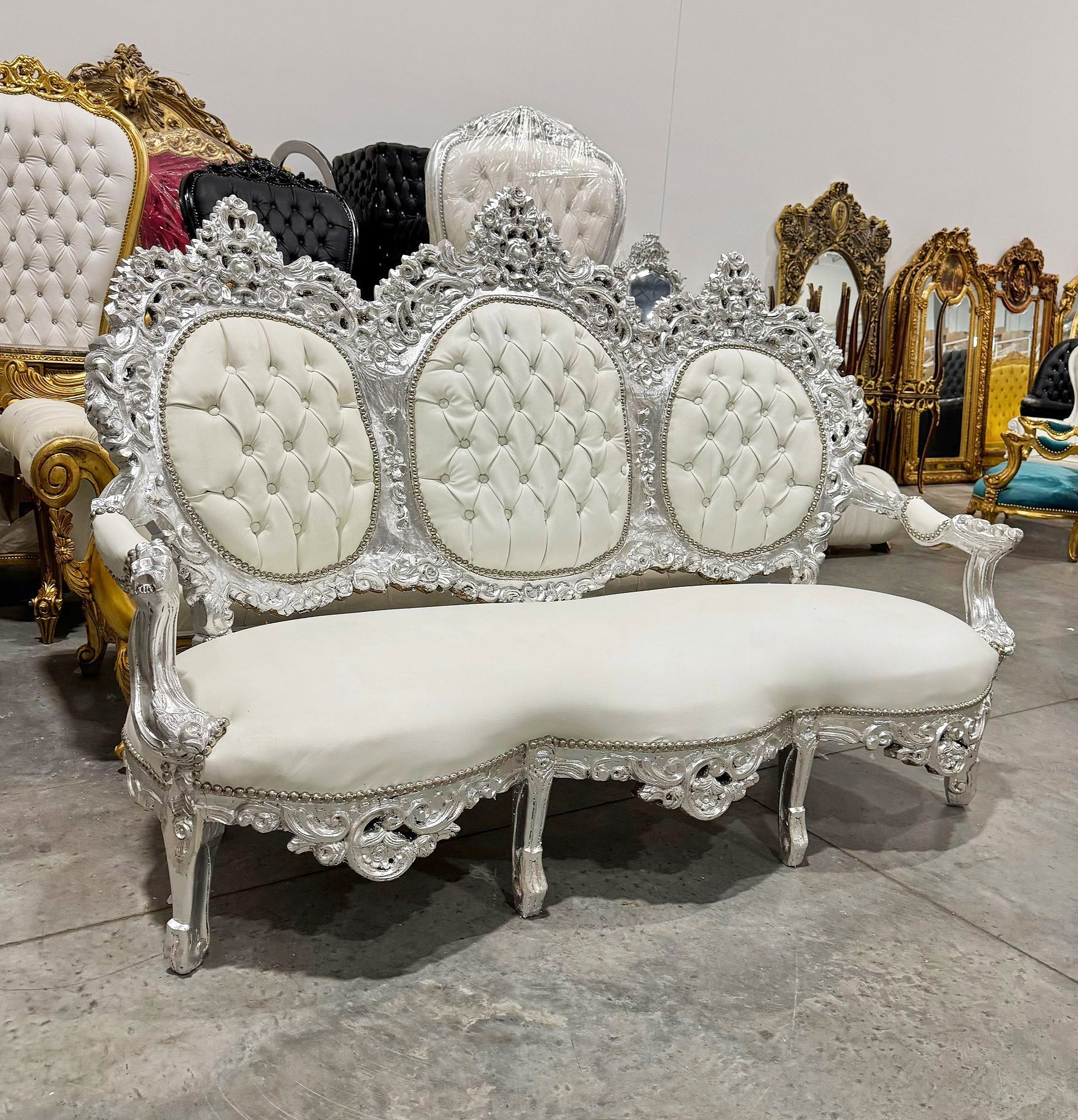 White Sofa French Rococo Style Silver Leaf Details Victorian Style