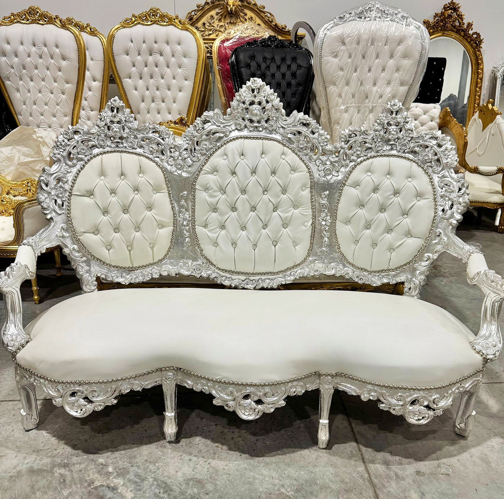 White Sofa French Rococo Style Silver Leaf Details Victorian Style
