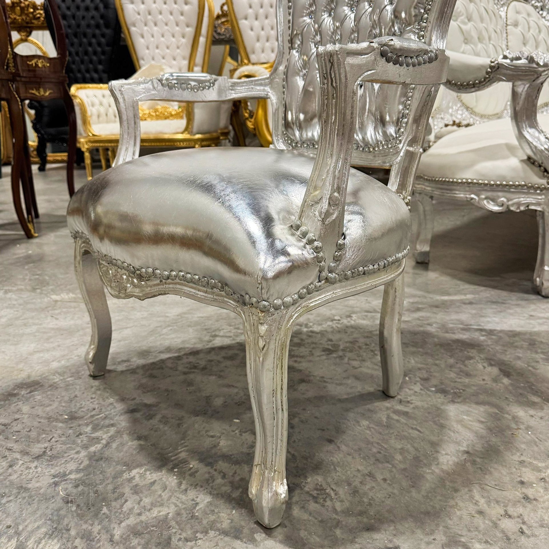 French Style Tufted Silver Leather Chair with Silver Details Rococo Baroque