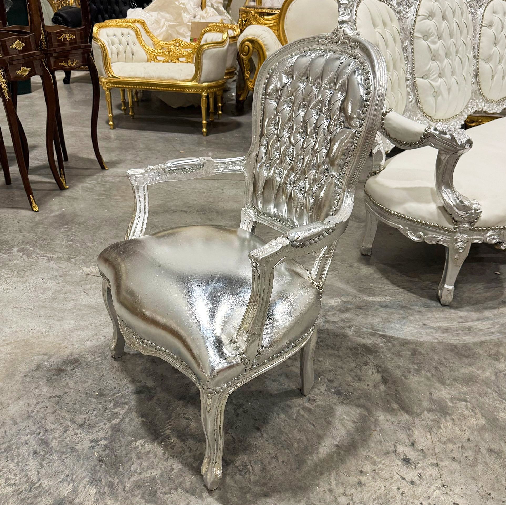French Style Tufted Silver Leather Chair with Silver Details Rococo Baroque