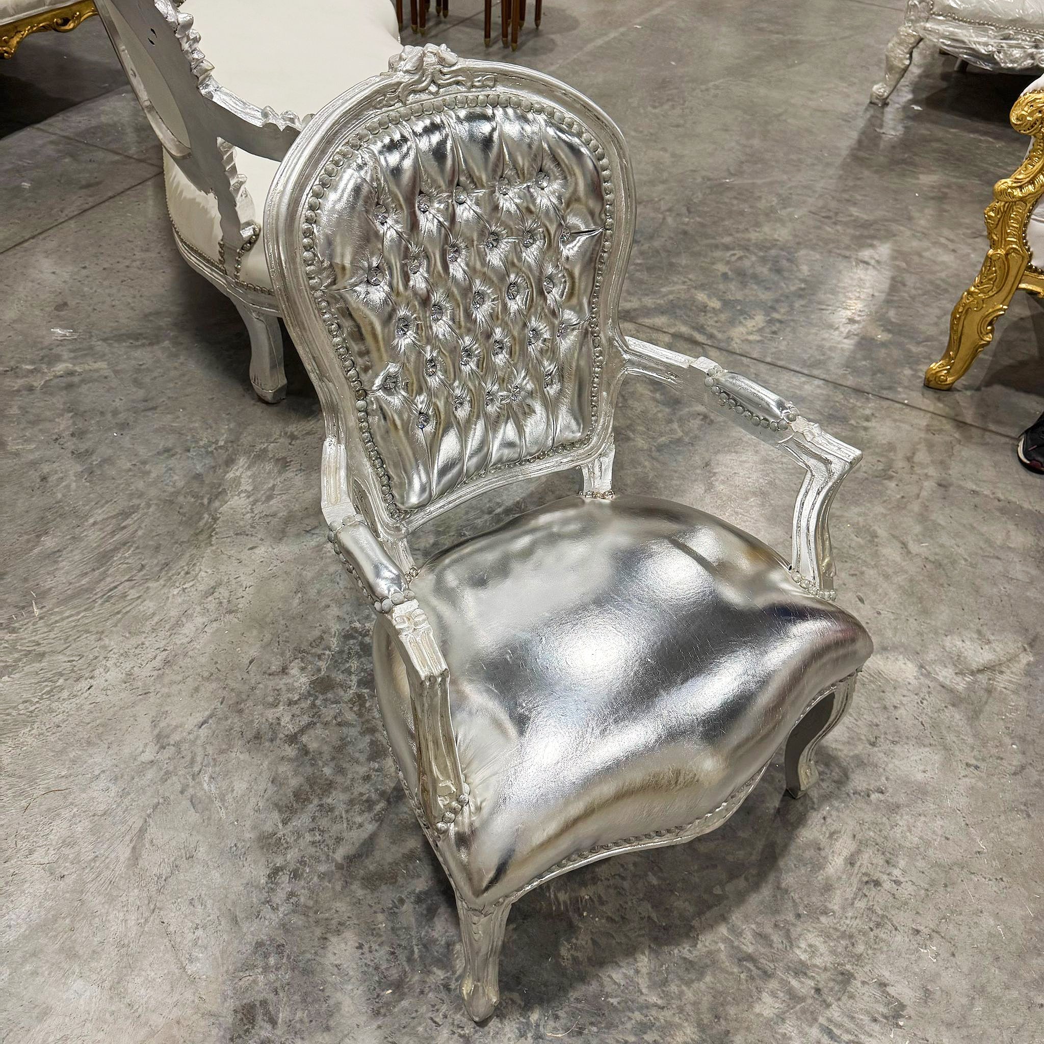 French Style Tufted Silver Leather Chair with Silver Details Rococo Baroque