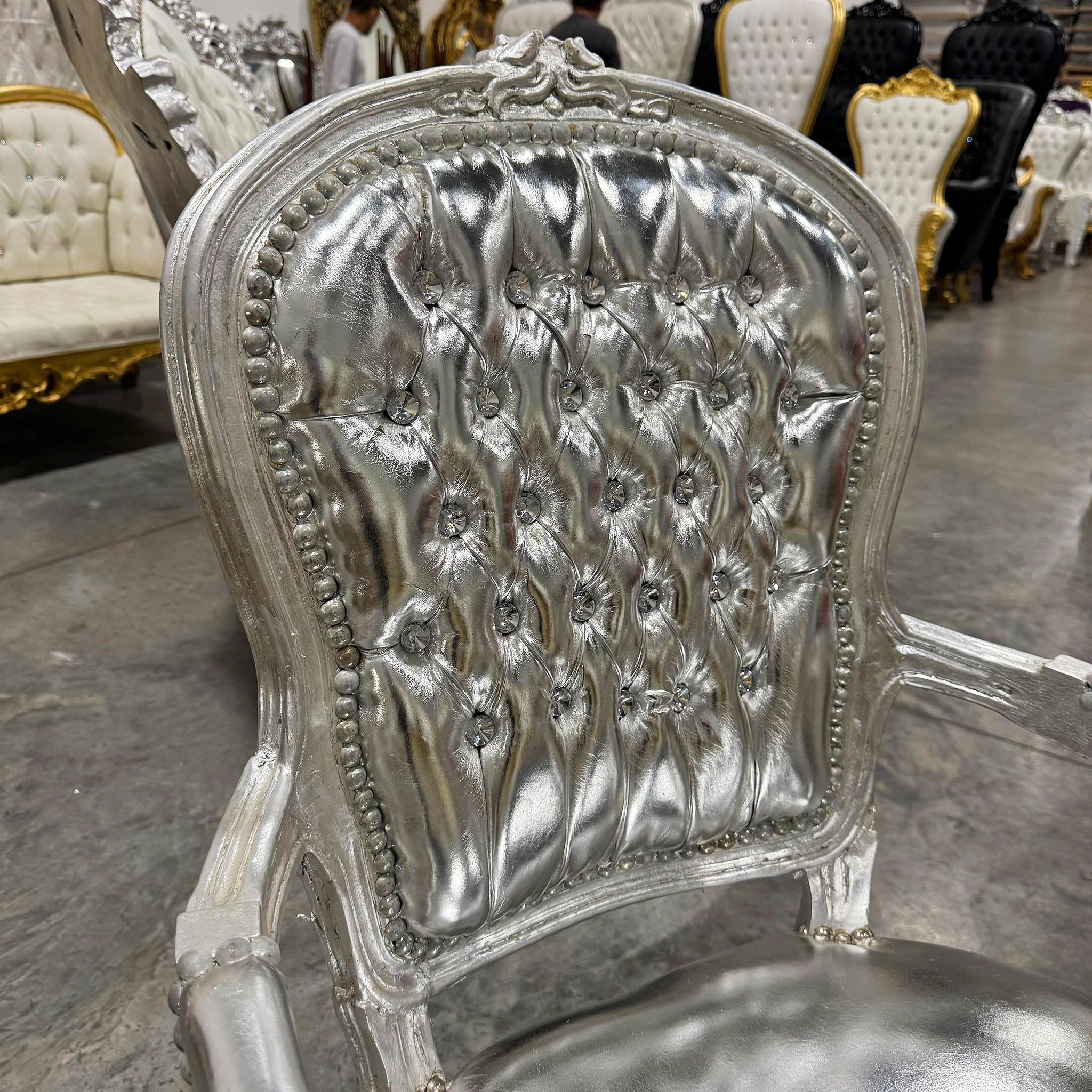 French Style Tufted Silver Leather Chair with Silver Details Rococo Baroque