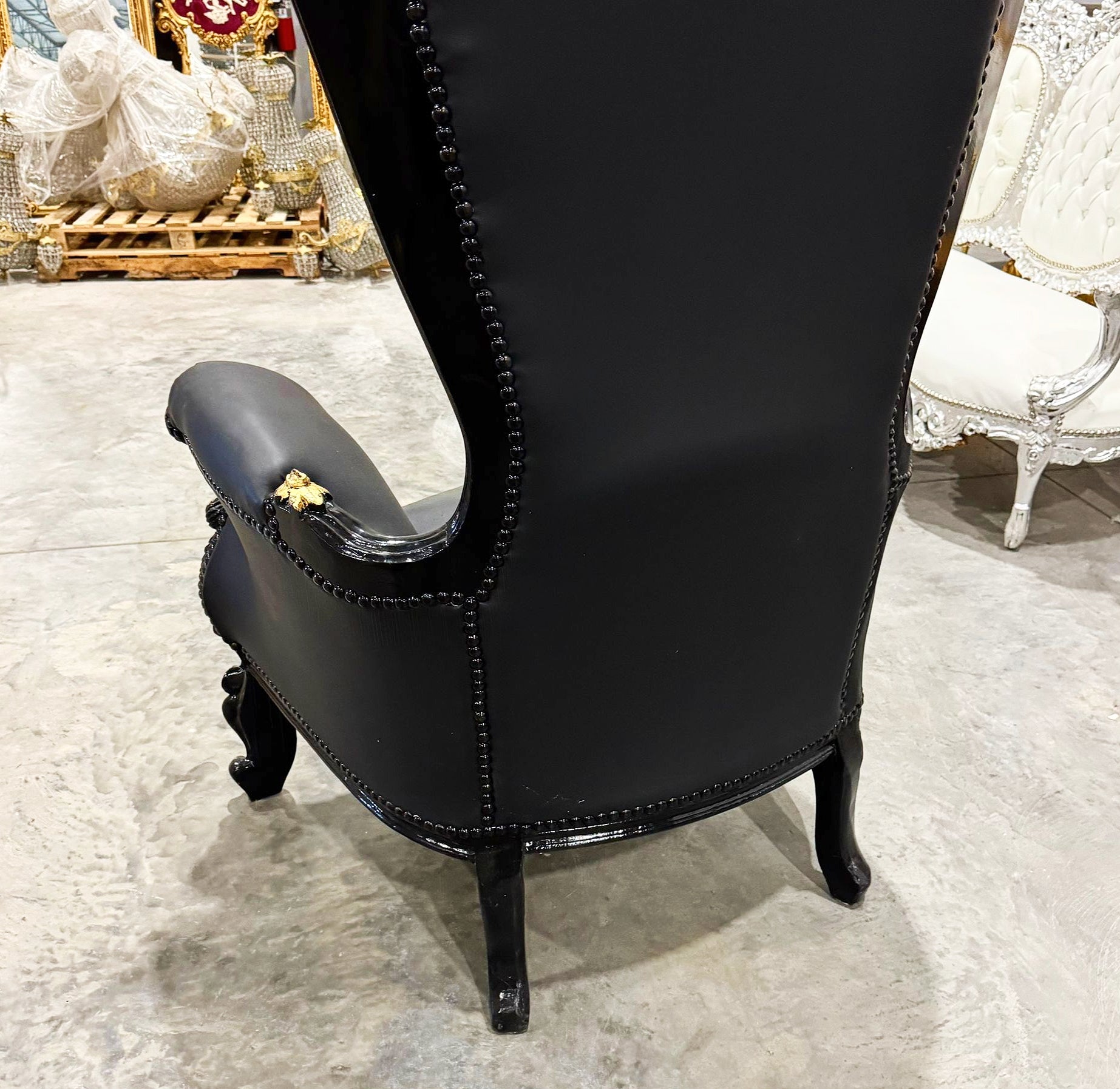 Throne Chair French Style Black Leather High-Back Tufted Gold Throne