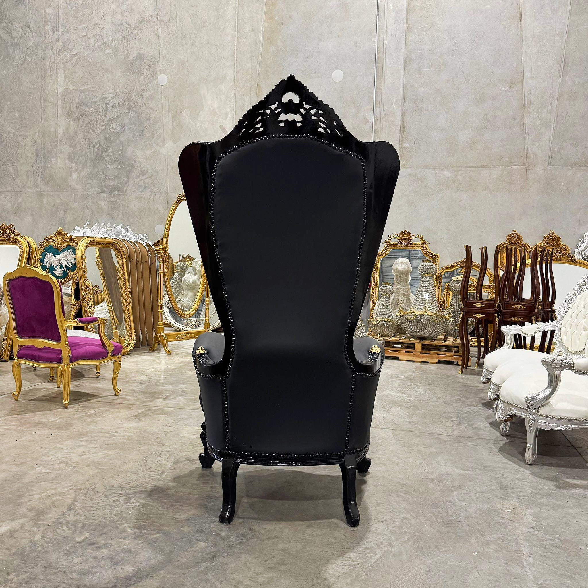 Throne Chair French Style Black Leather High-Back Tufted Gold Throne