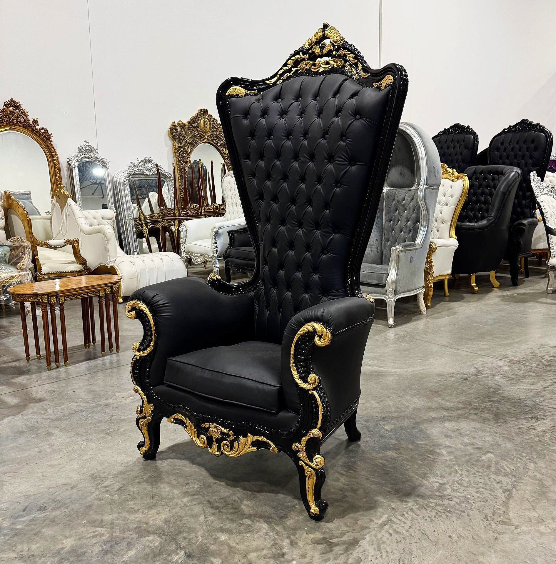 Throne Chair French Style Black Leather High-Back Tufted Gold Throne