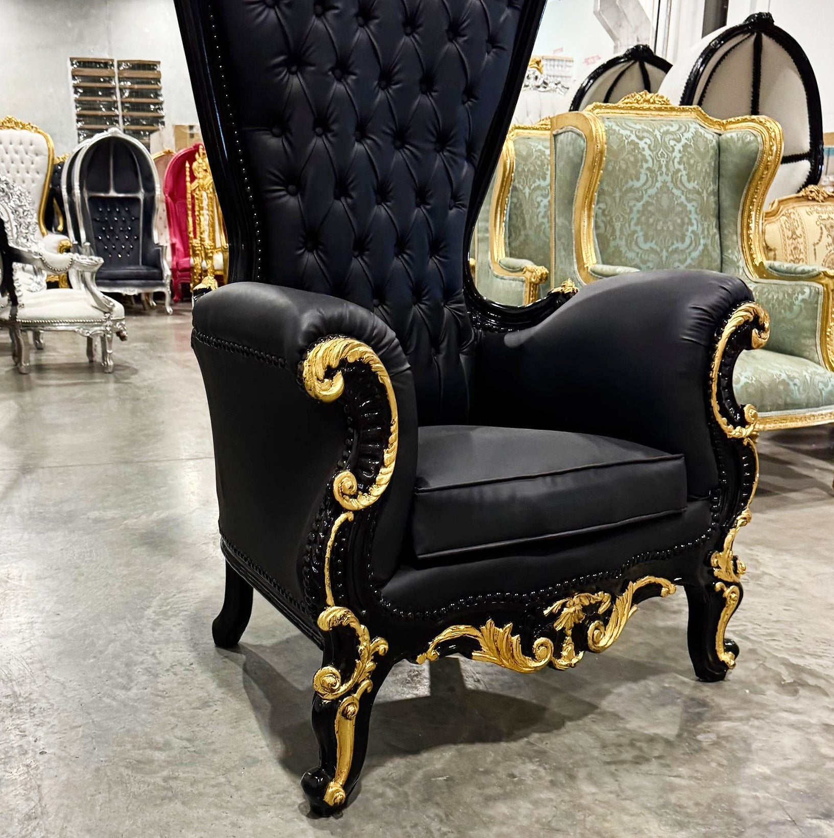 Throne Chair French Style Black Leather High-Back Tufted Gold Throne
