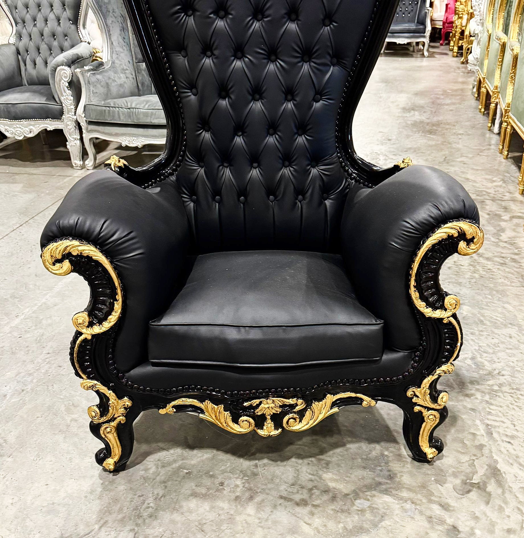 Throne Chair French Style Black Leather High-Back Tufted Gold Throne
