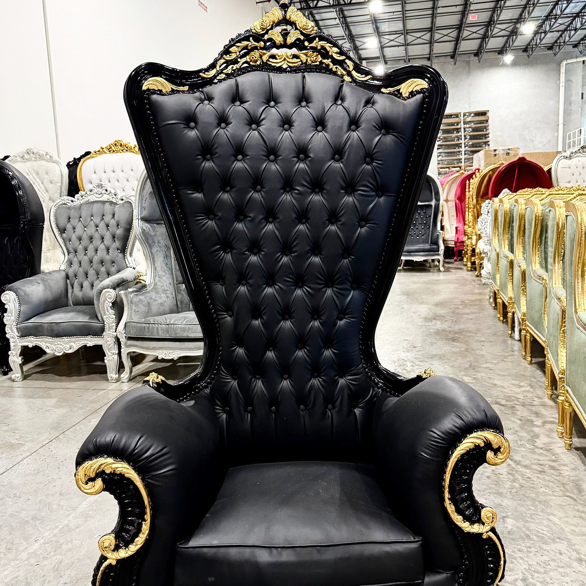 Throne Chair French Style Black Leather High-Back Tufted Gold Throne
