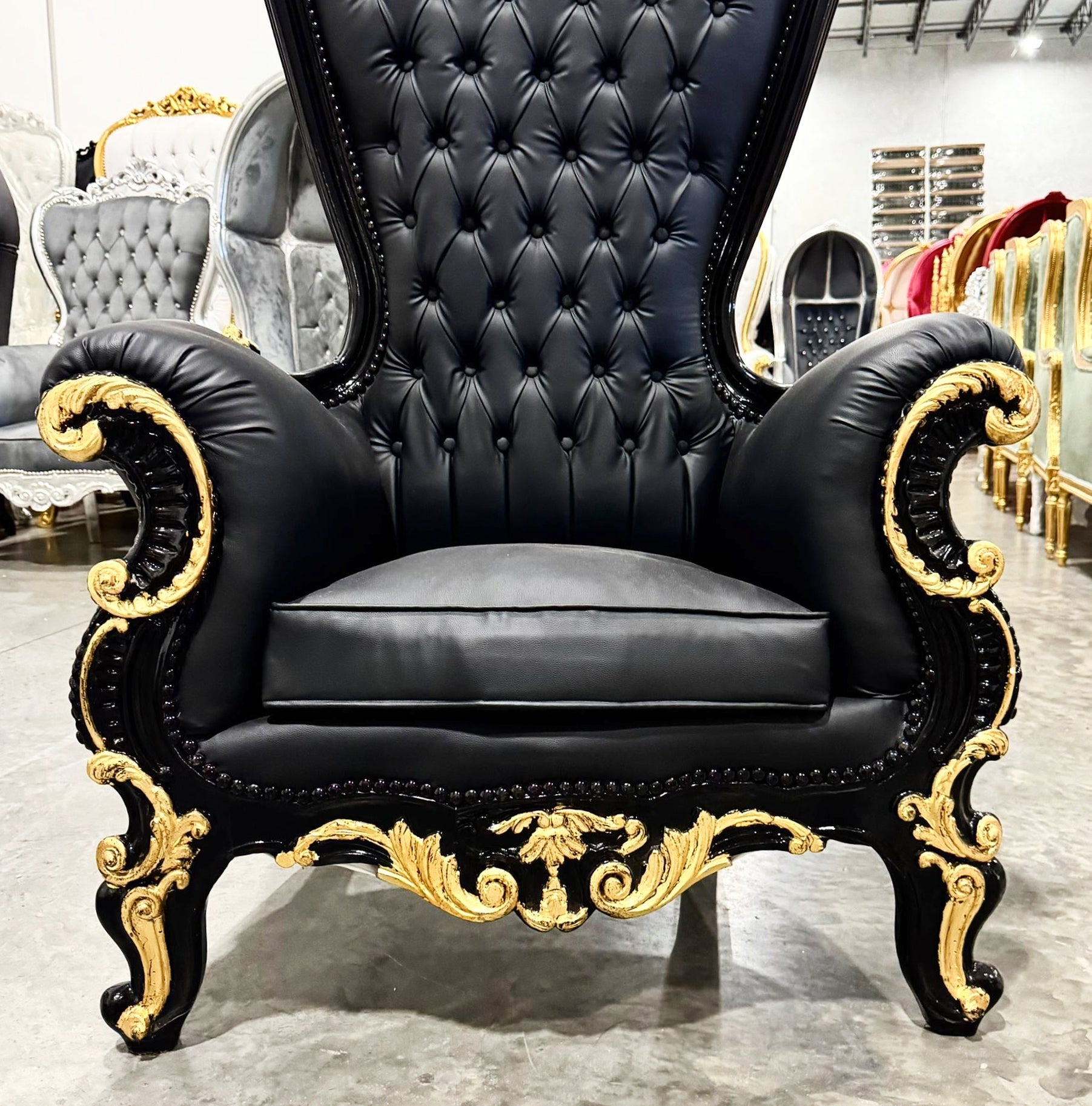 Throne Chair French Style Black Leather High-Back Tufted Gold Throne