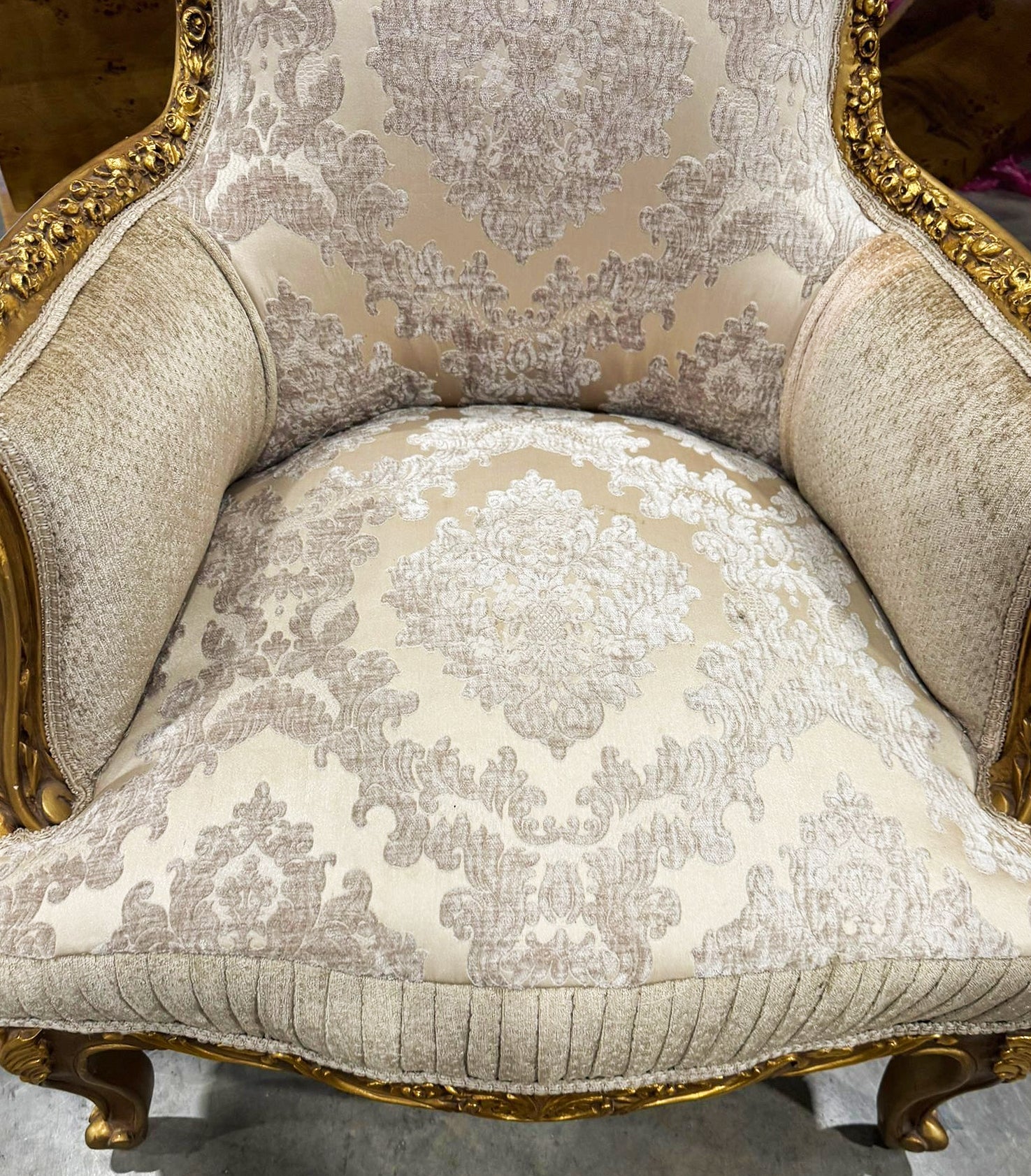 French Bergère Wingback Armchair Beige White Gold Leaf Rococo Louis XV Style