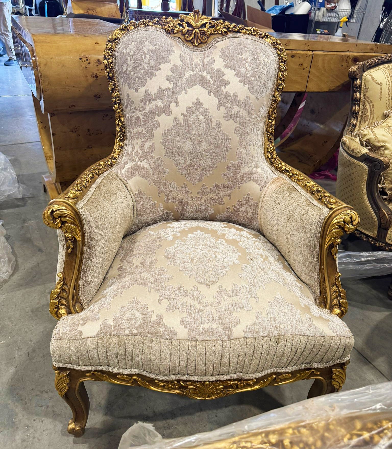 French Bergère Wingback Armchair Beige White Gold Leaf Rococo Louis XV Style
