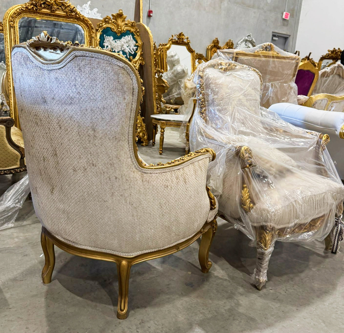 French Bergère Wingback Armchair Beige White Gold Leaf Rococo Louis XV Style