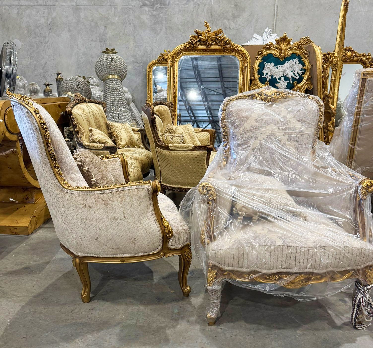 French Bergère Wingback Armchair Beige White Gold Leaf Rococo Louis XV Style