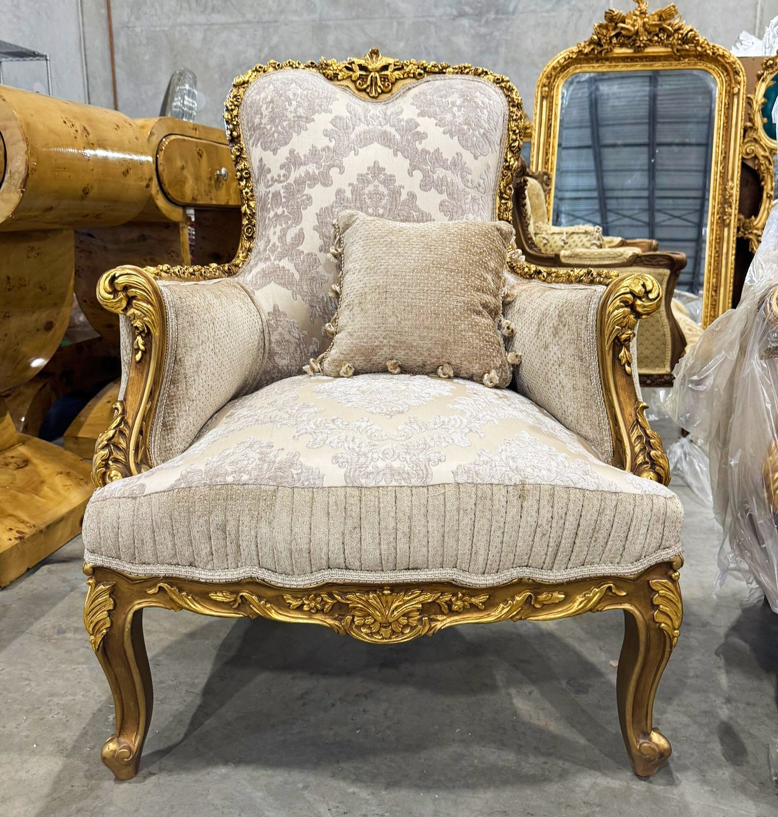 French Bergère Wingback Armchair Beige White Gold Leaf Rococo Louis XV Style