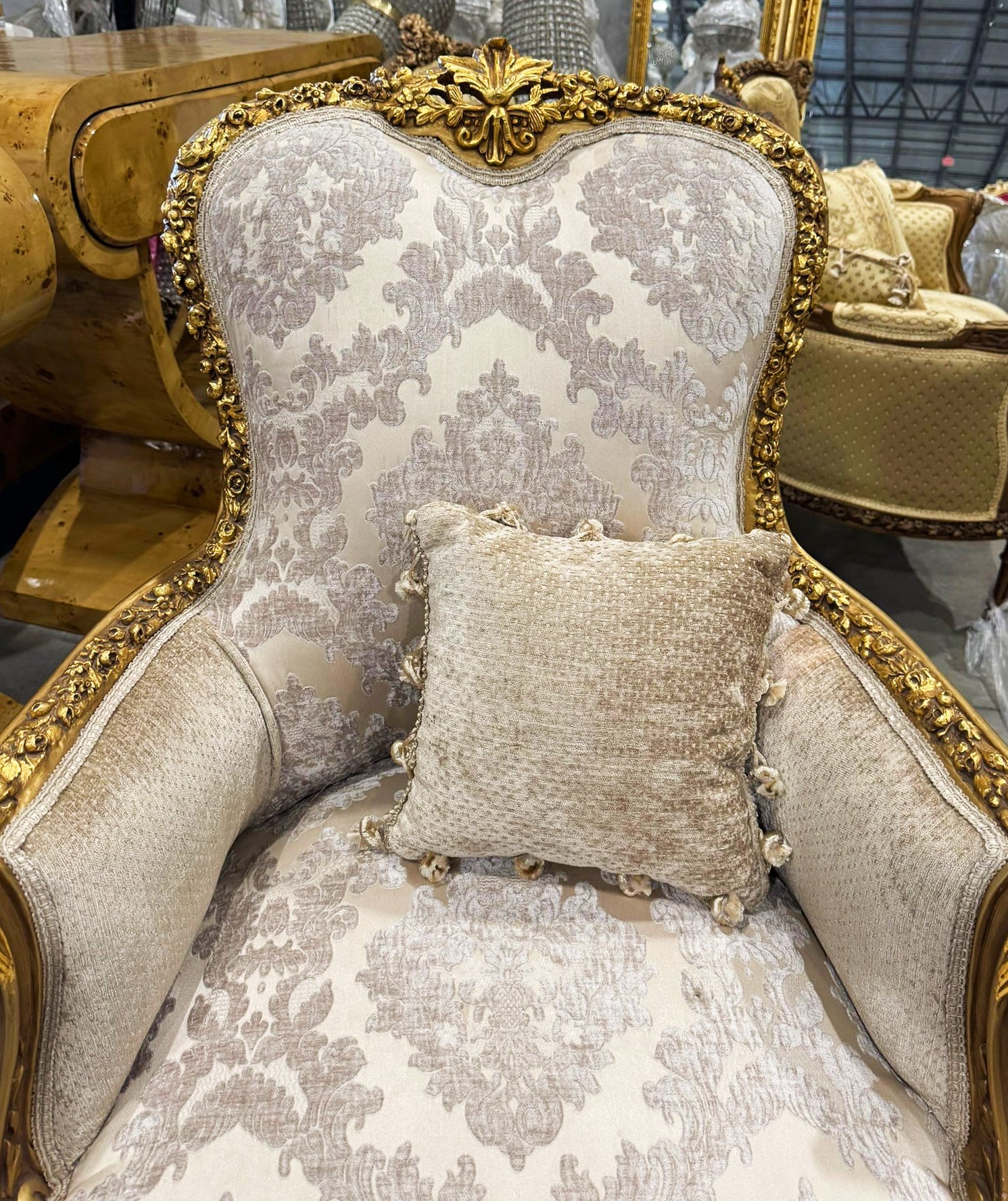 French Bergère Wingback Armchair Beige White Gold Leaf Rococo Louis XV Style