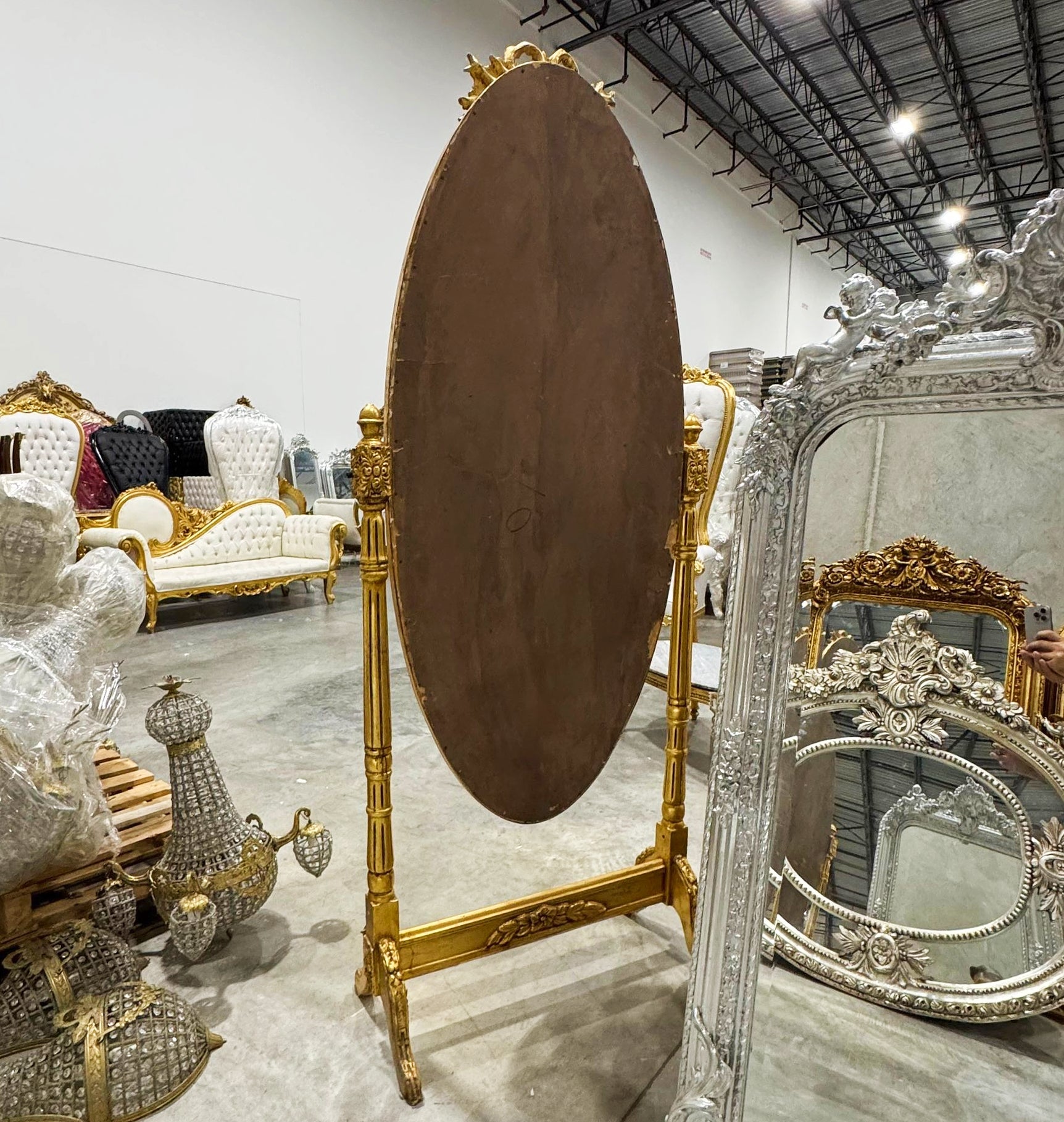 Golden Oval Mirror Floor Mirror French-Italian Style in Gold Leaf