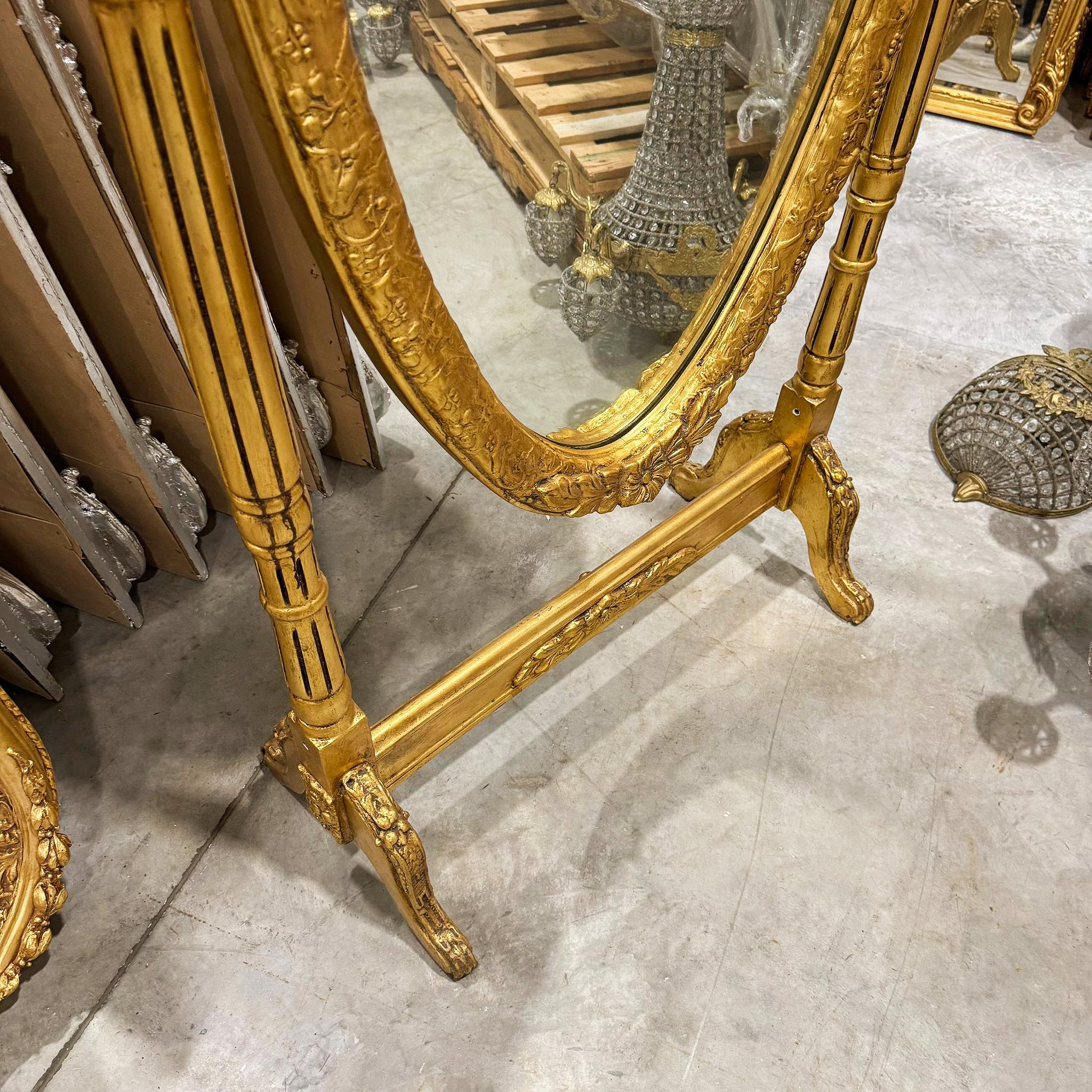 Golden Oval Mirror Floor Mirror French-Italian Style in Gold Leaf