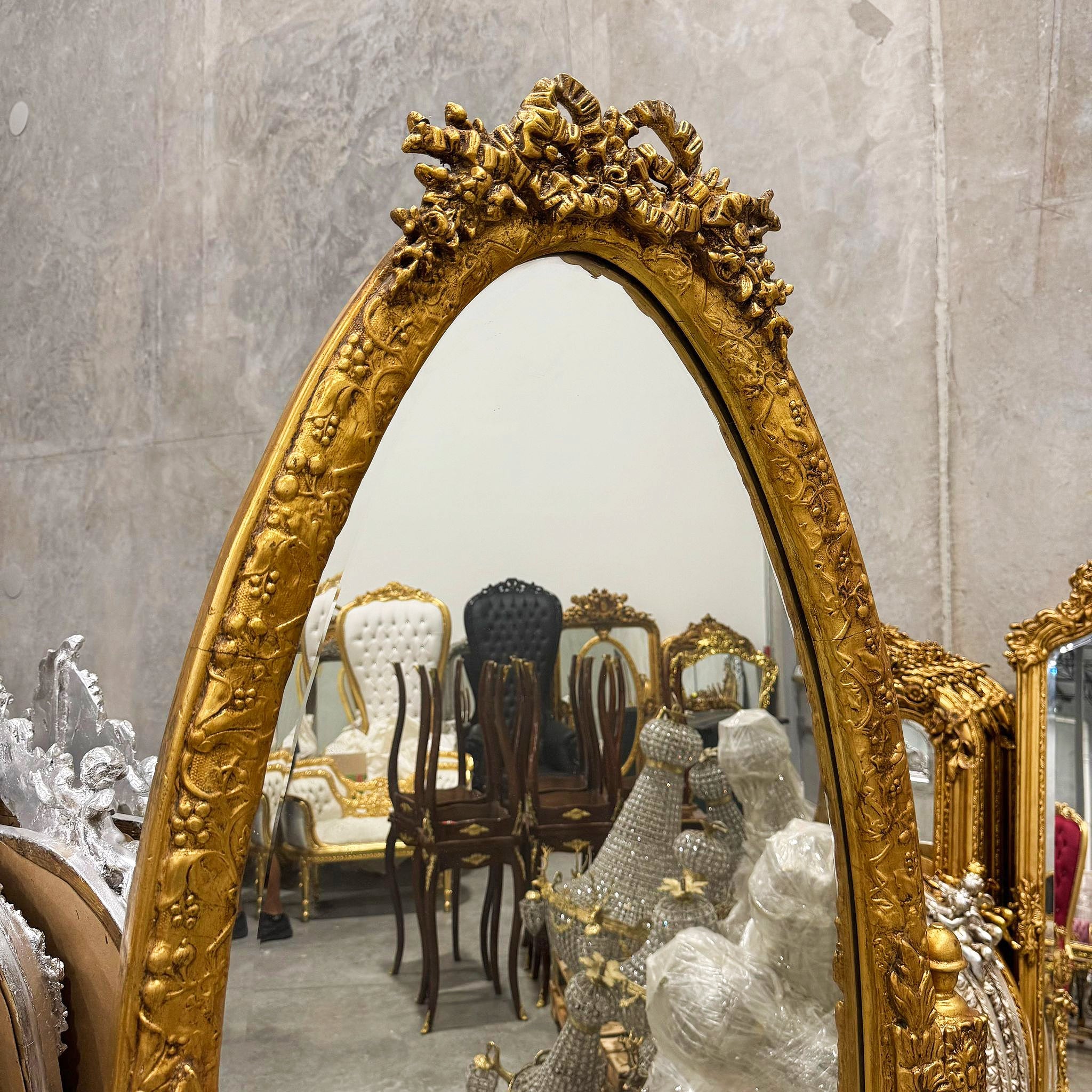 Golden Oval Mirror Floor Mirror French-Italian Style in Gold Leaf