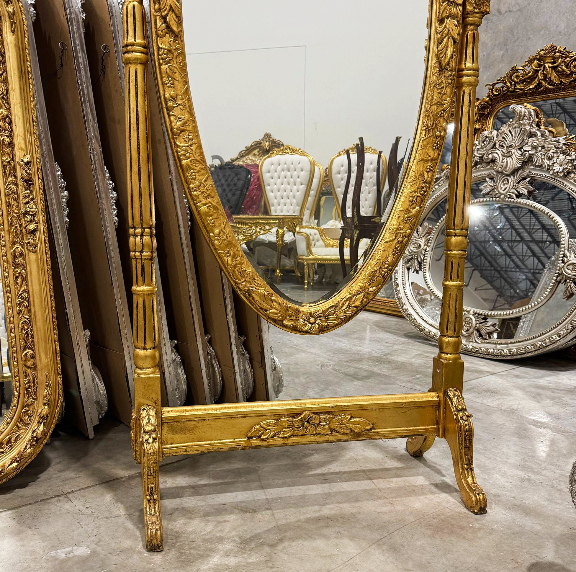 Golden Oval Mirror Floor Mirror French-Italian Style in Gold Leaf